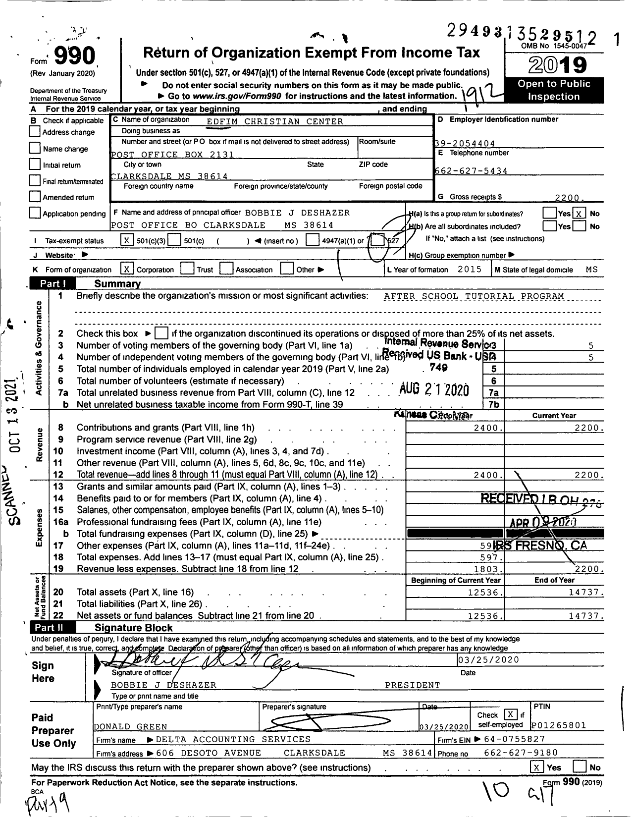 Image of first page of 2019 Form 990 for Edfim Christian Center