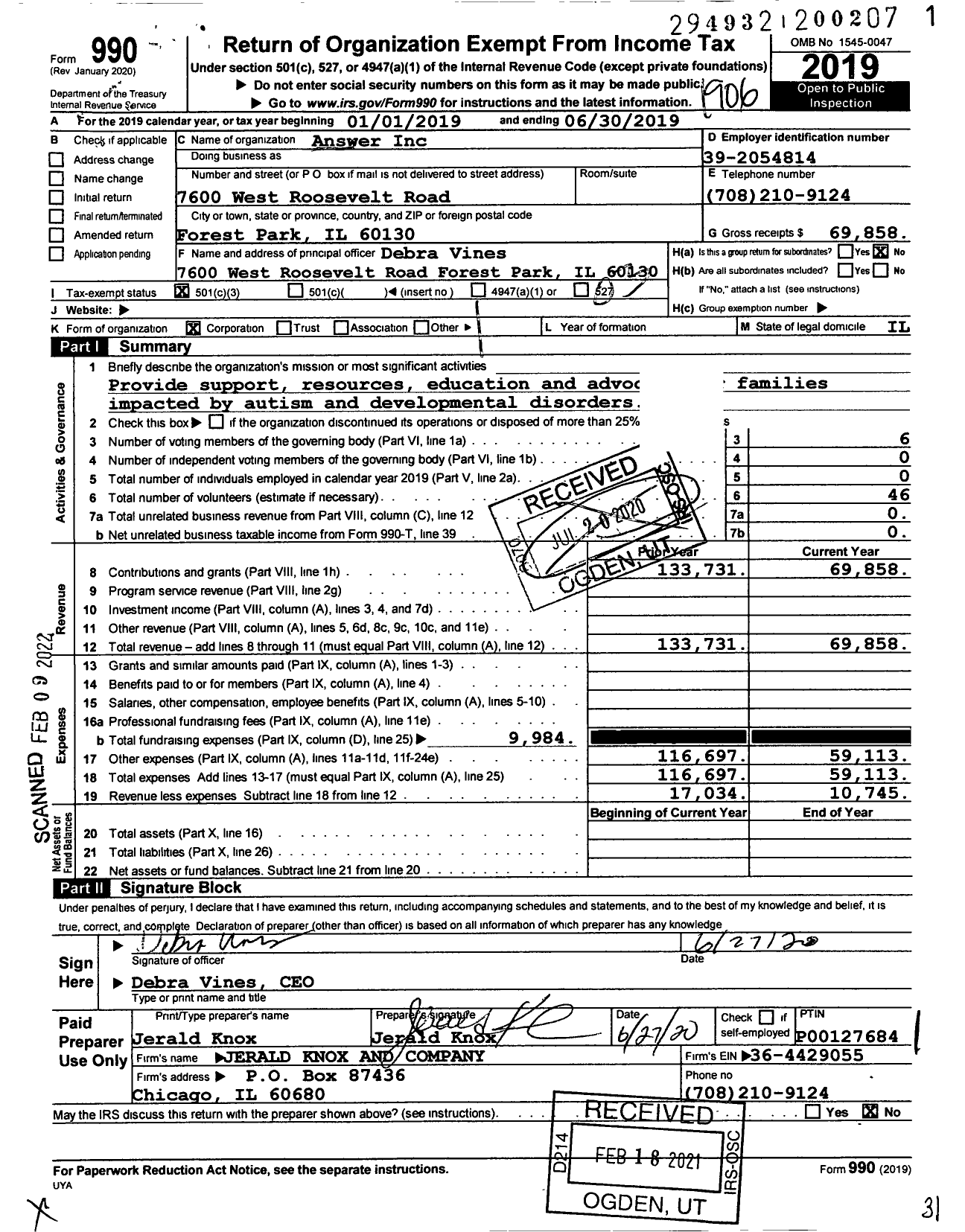 Image of first page of 2018 Form 990 for Answer