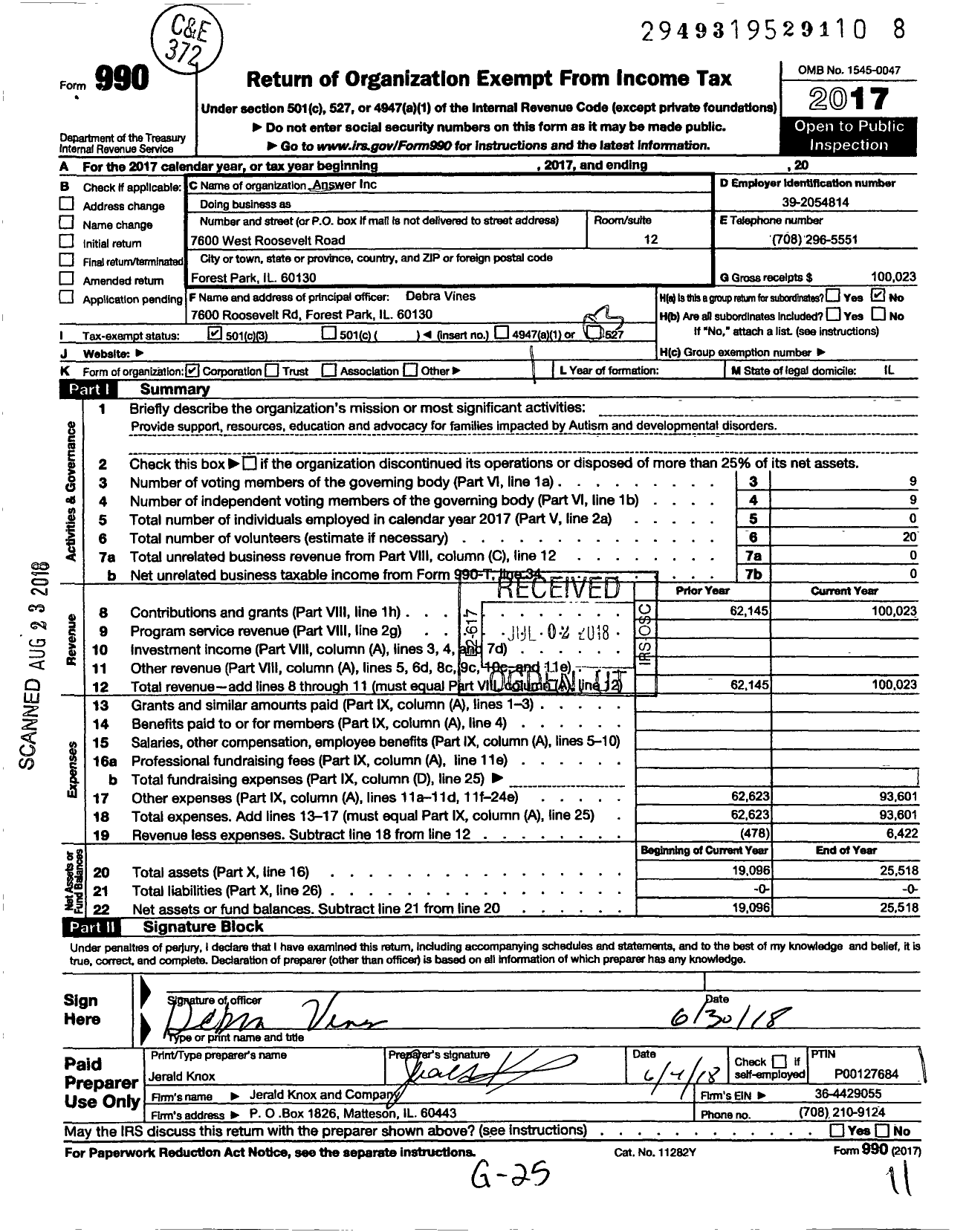 Image of first page of 2017 Form 990 for Answer