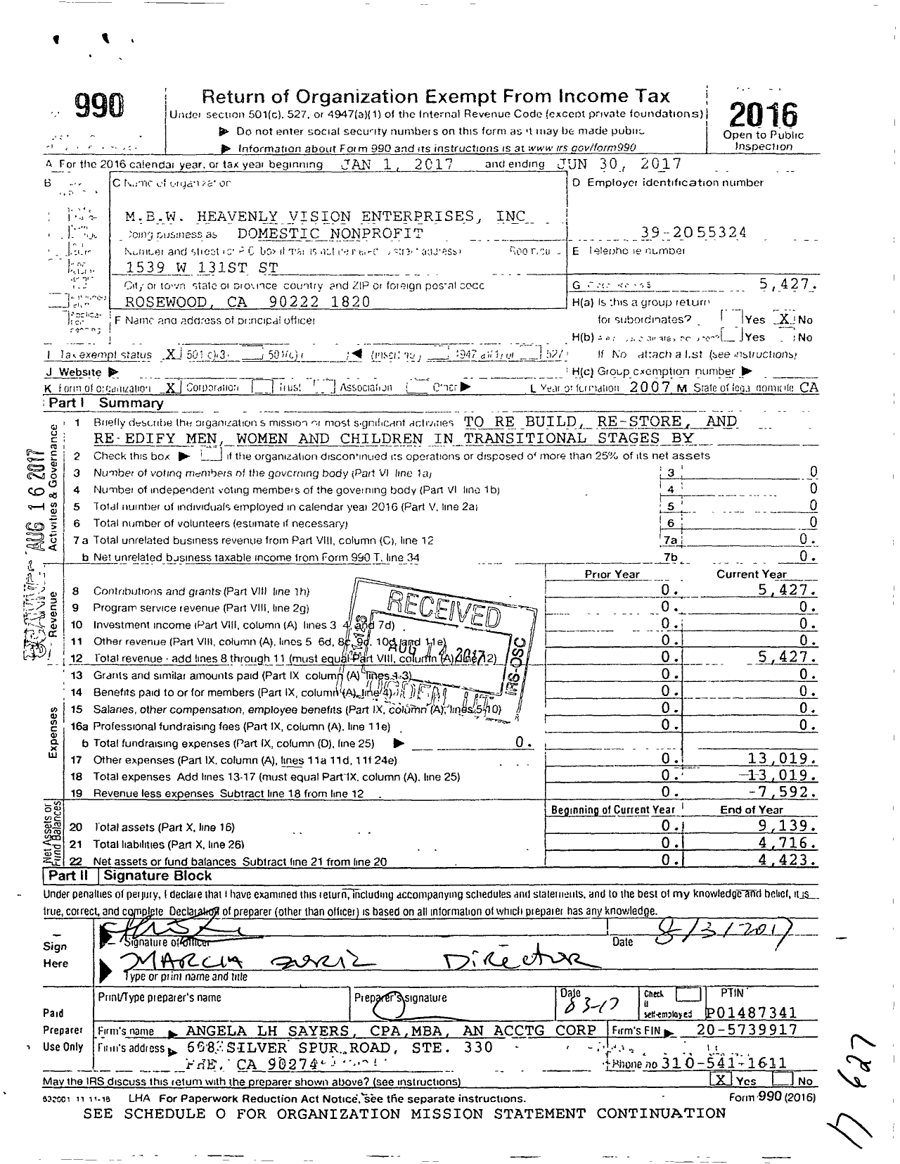 Image of first page of 2016 Form 990 for MBW Heavenly Vision Enterprises