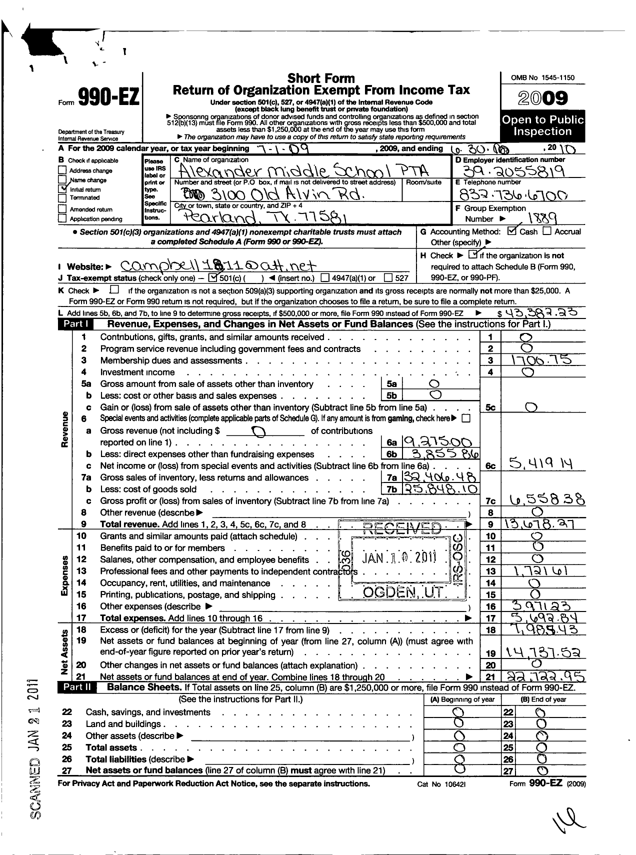 Image of first page of 2009 Form 990EO for Texas PTA - 11760 Alexander Middle SCH PTA