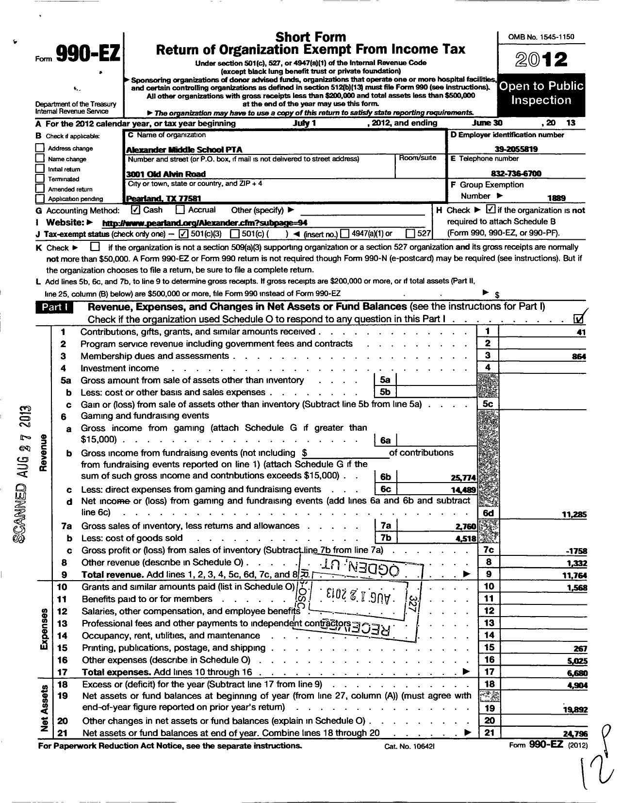 Image of first page of 2012 Form 990EZ for Texas PTA - 11760 Alexander Middle SCH PTA