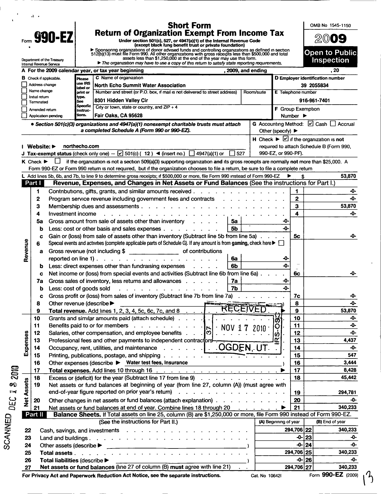 Image of first page of 2009 Form 990EO for North Echo Summit Water Association