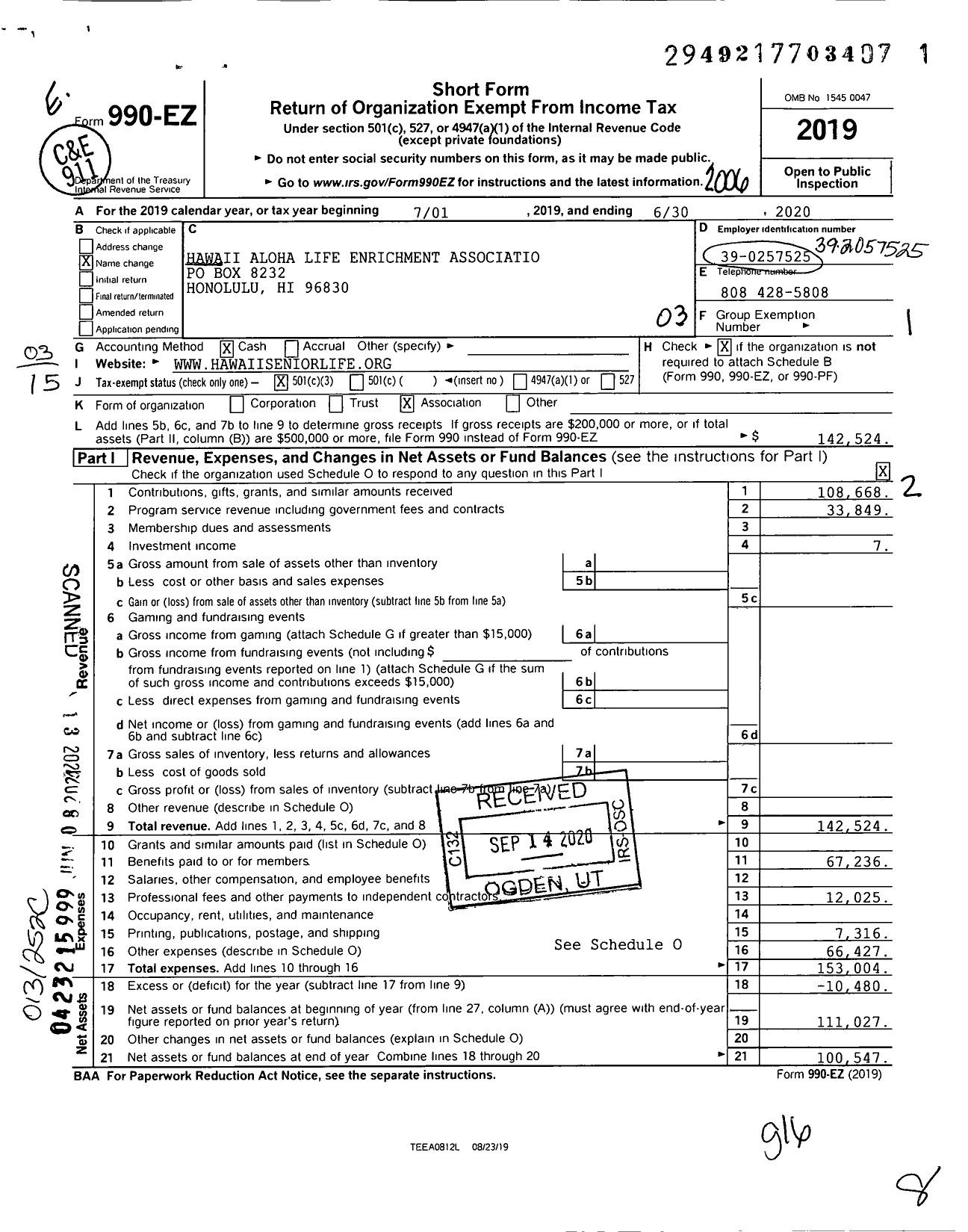 Image of first page of 2019 Form 990EZ for Hawaii Senior Life Enrichment Association