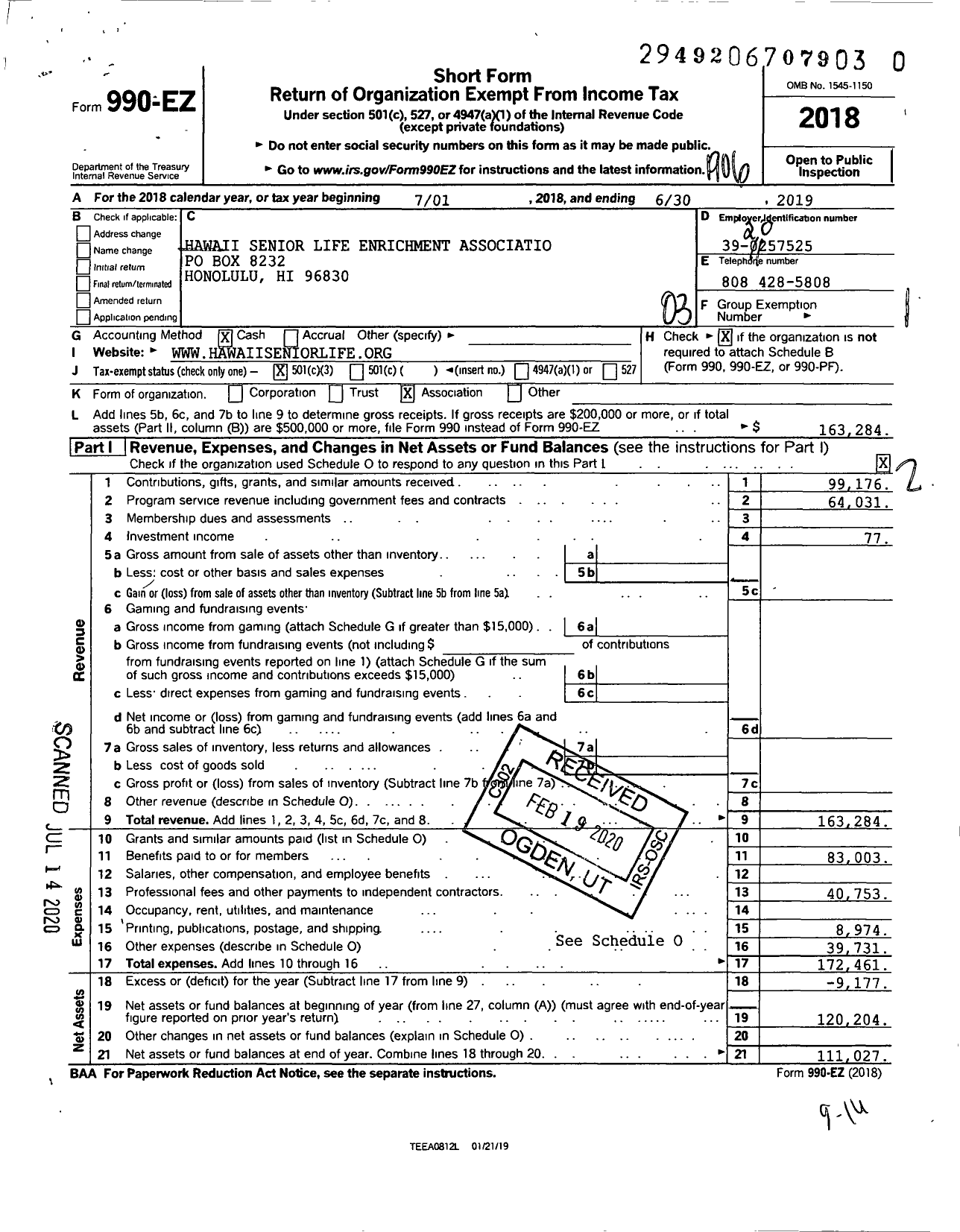 Image of first page of 2018 Form 990EZ for Hawaii Senior Life Enrichment Association