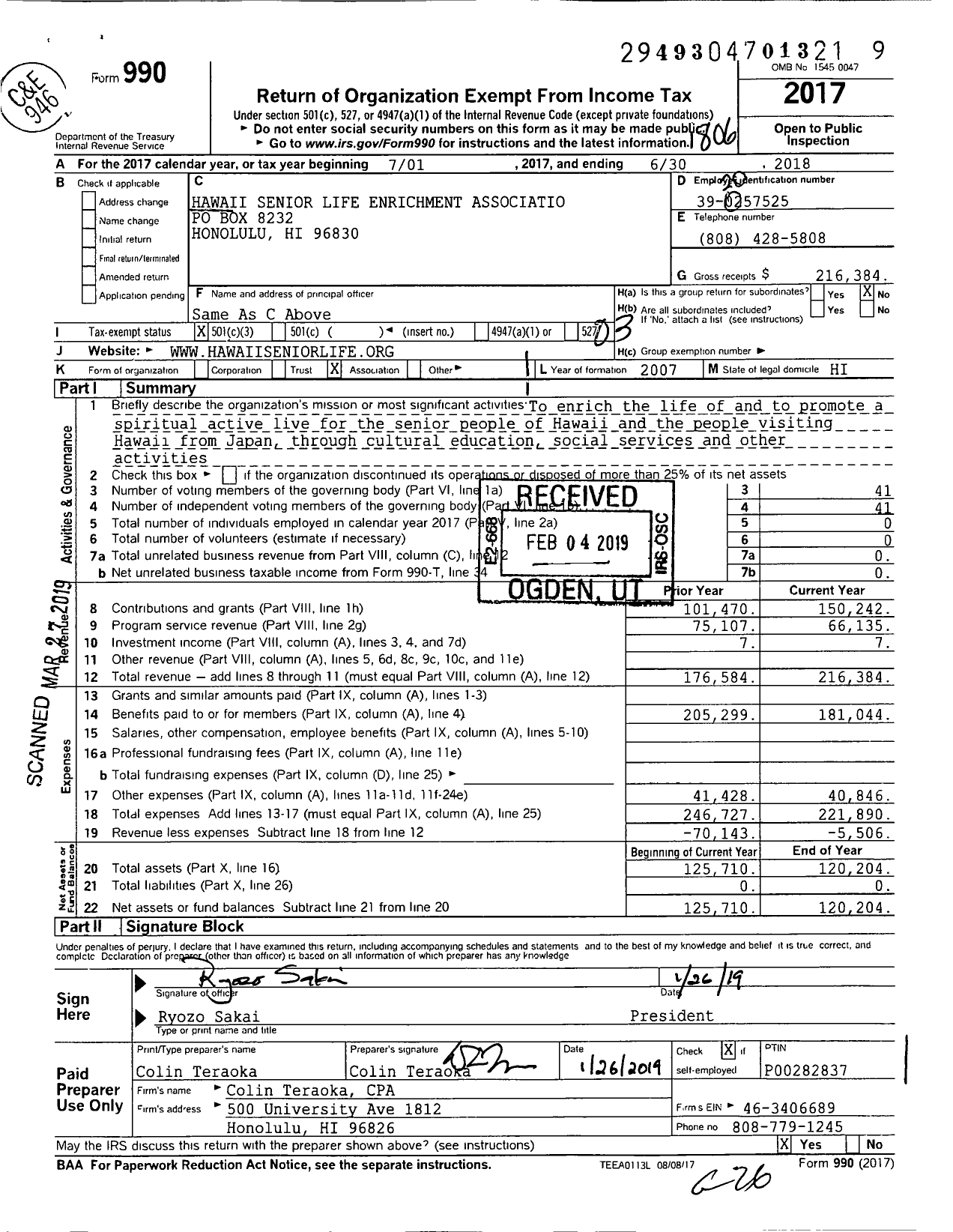 Image of first page of 2017 Form 990 for Hawaii Senior Life Enrichment Association