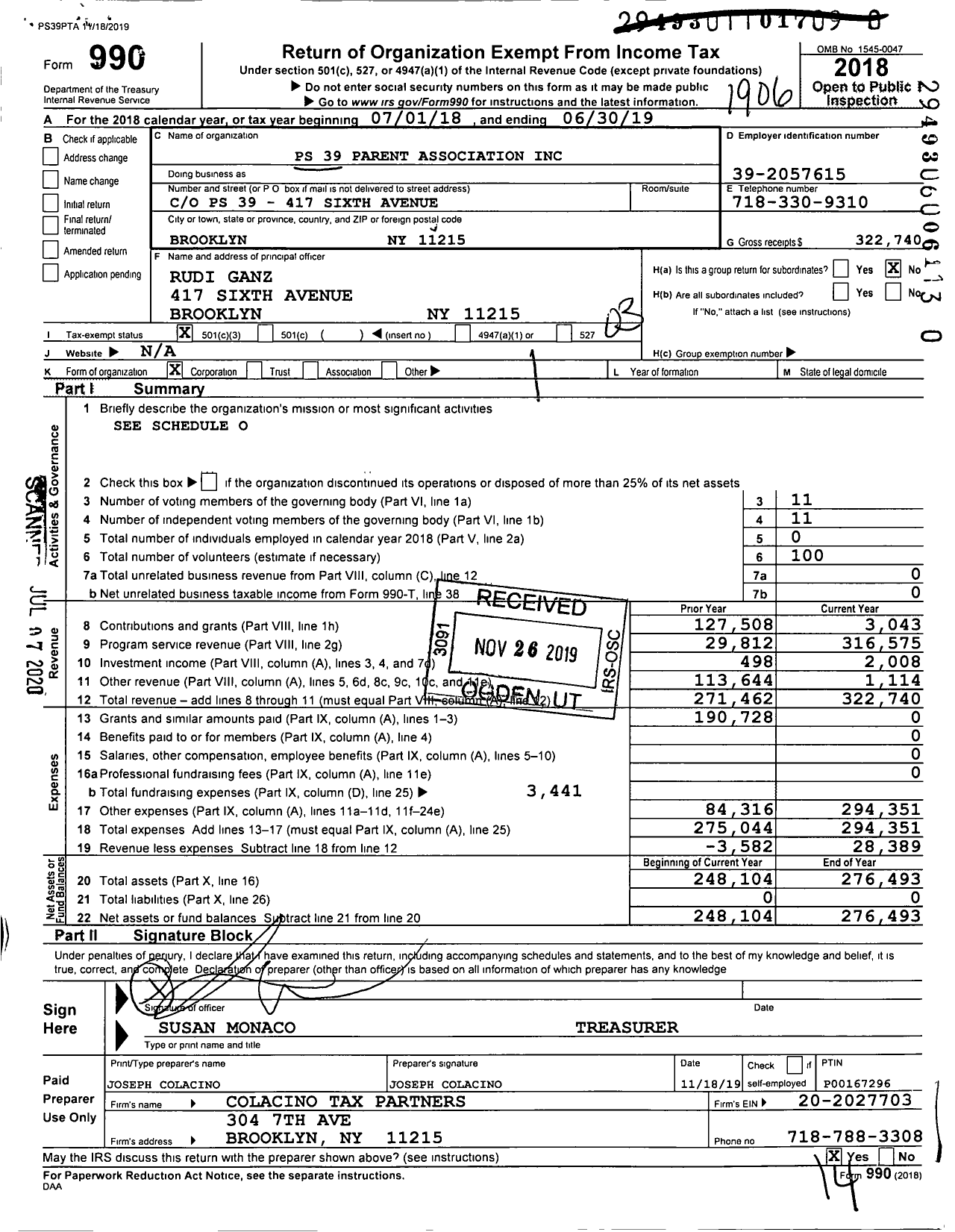 Image of first page of 2018 Form 990 for PS 39 Parent Association