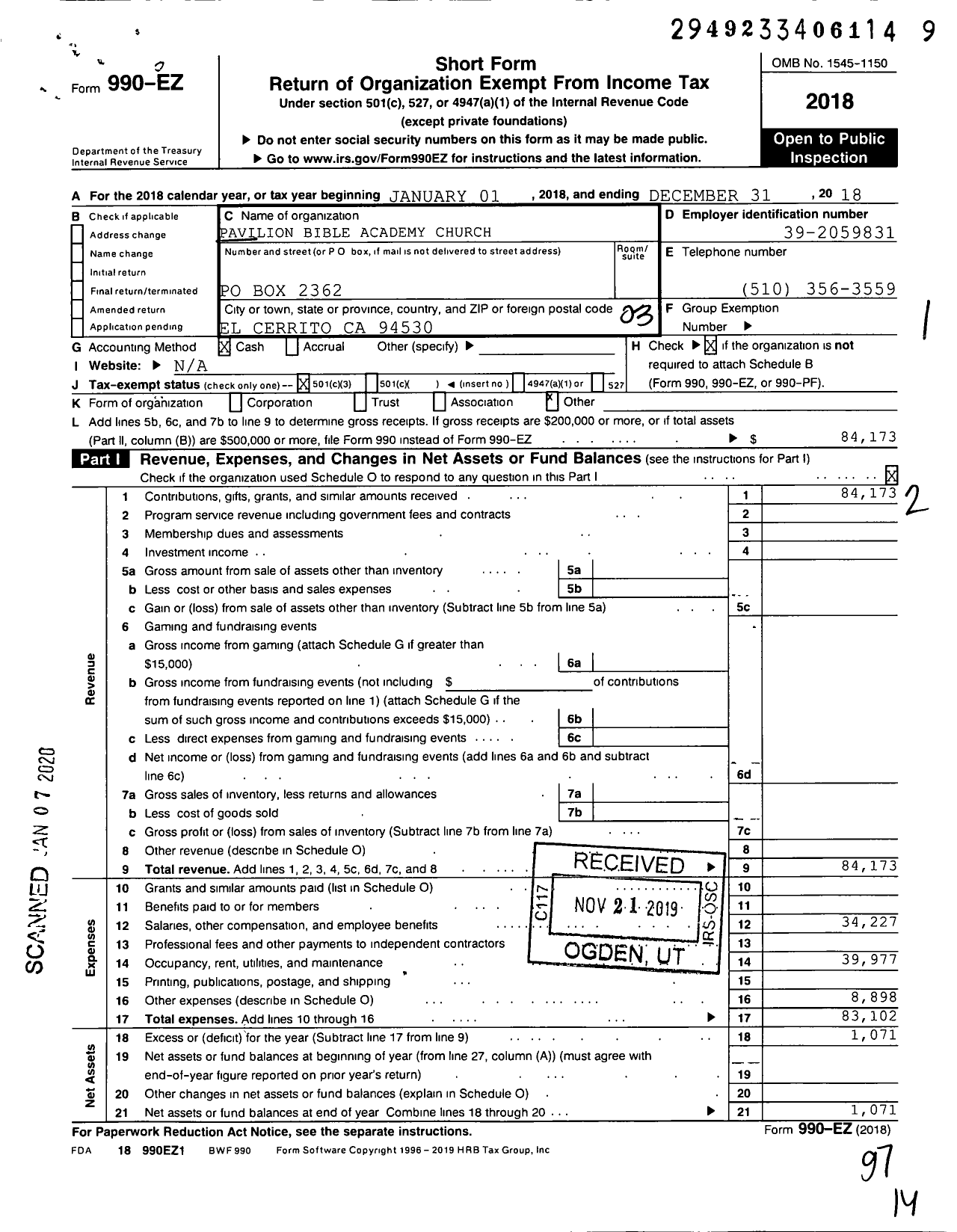 Image of first page of 2018 Form 990EZ for Pavilion Bible Academy Church