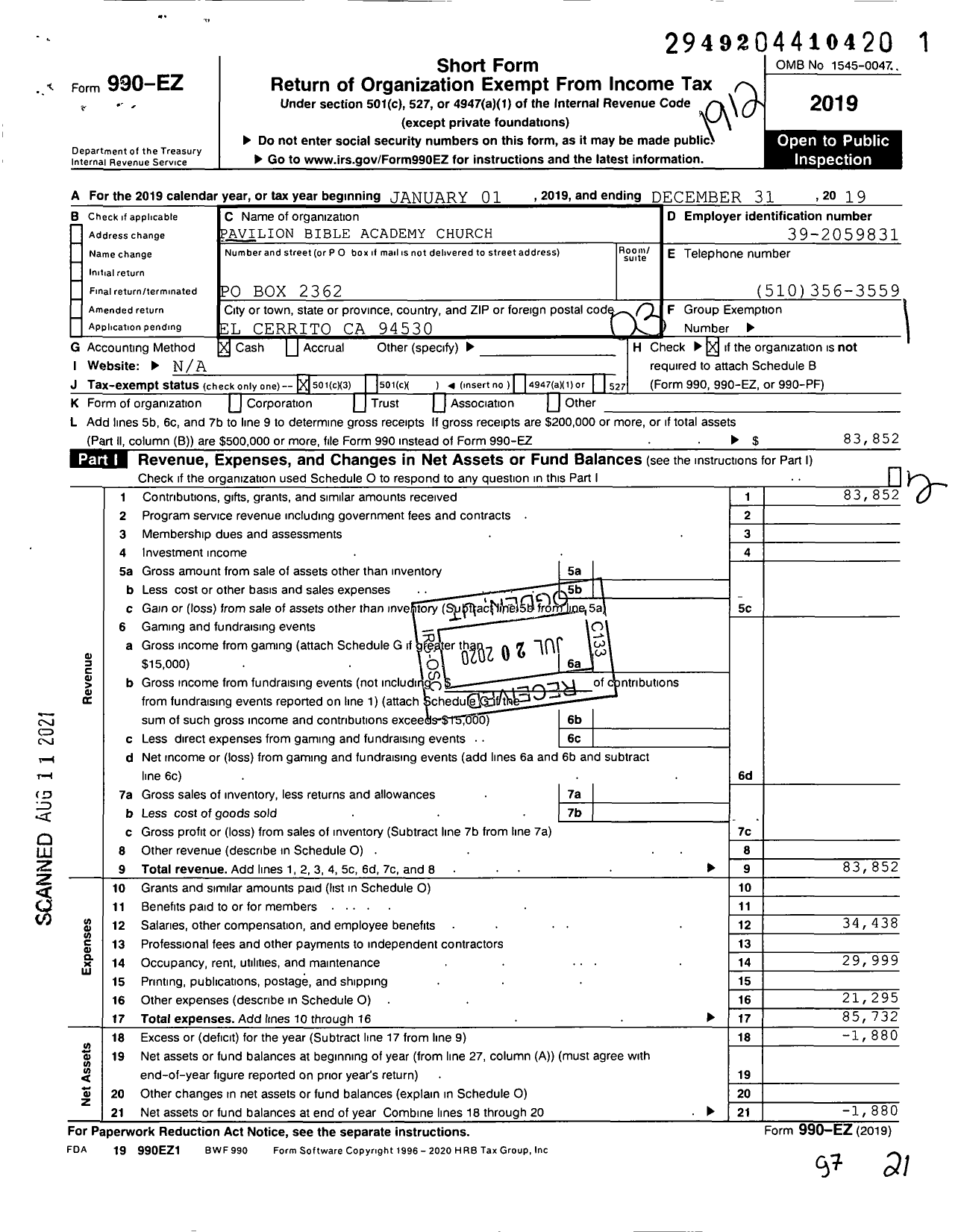 Image of first page of 2019 Form 990EZ for Pavilion Bible Academy Church