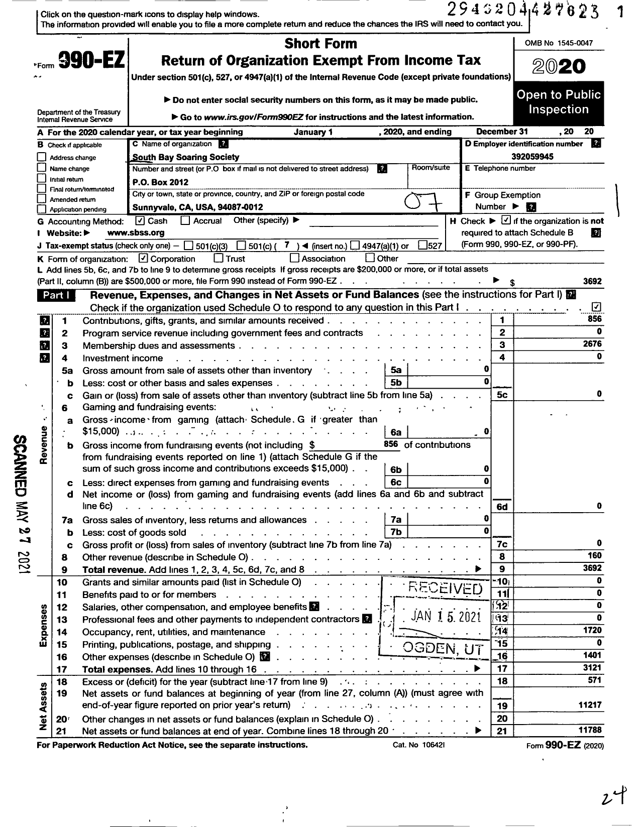 Image of first page of 2020 Form 990EO for South Bay Soaring Society