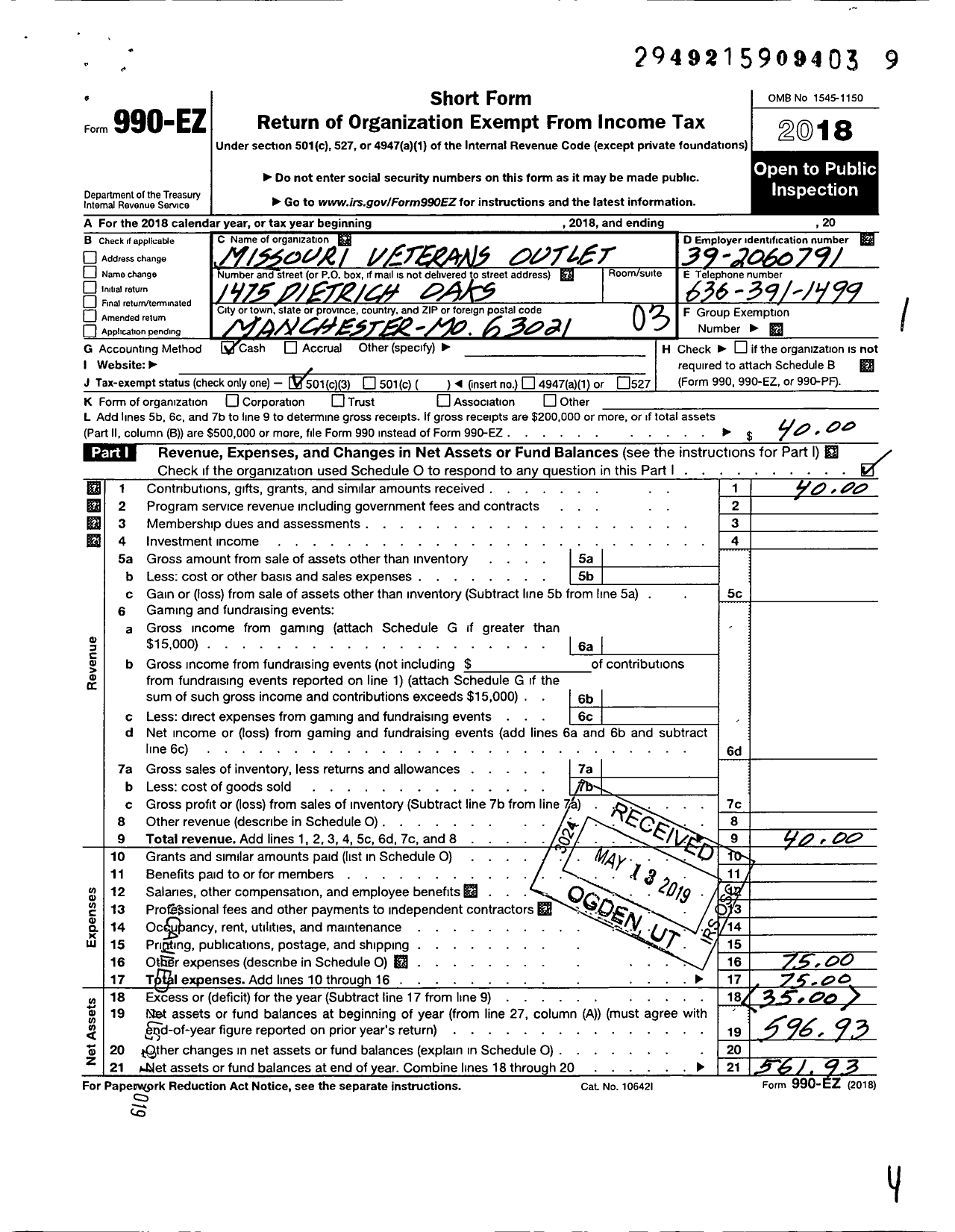 Image of first page of 2018 Form 990EZ for Missouri Veterans Outlet