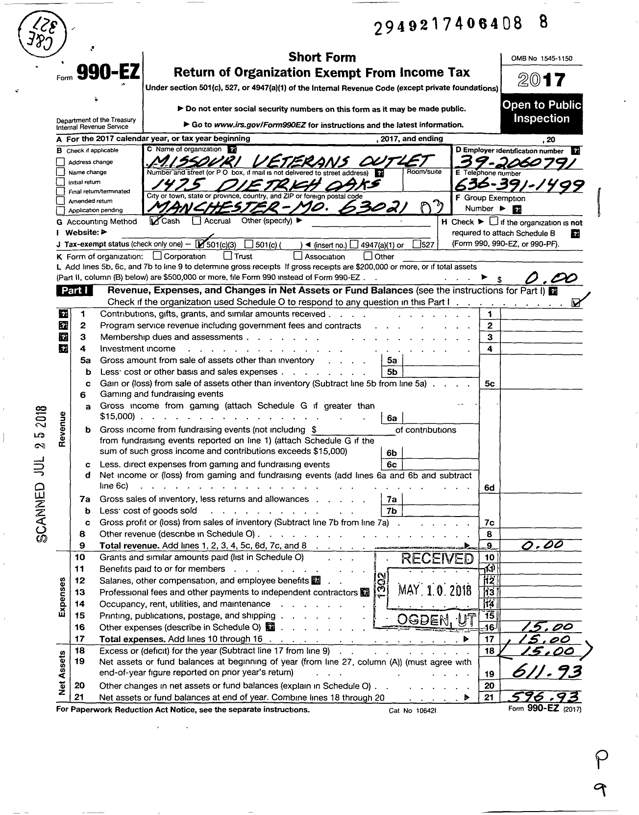 Image of first page of 2017 Form 990EZ for Missouri Veterans Outlet