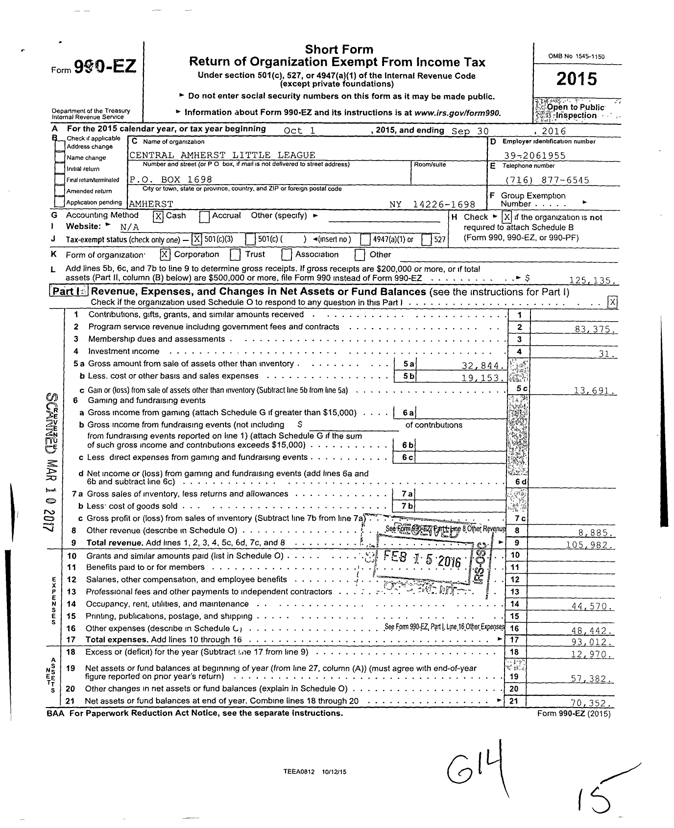 Image of first page of 2015 Form 990EZ for Little LEAGUE BASEBALL - Central Amherst LL 2320101