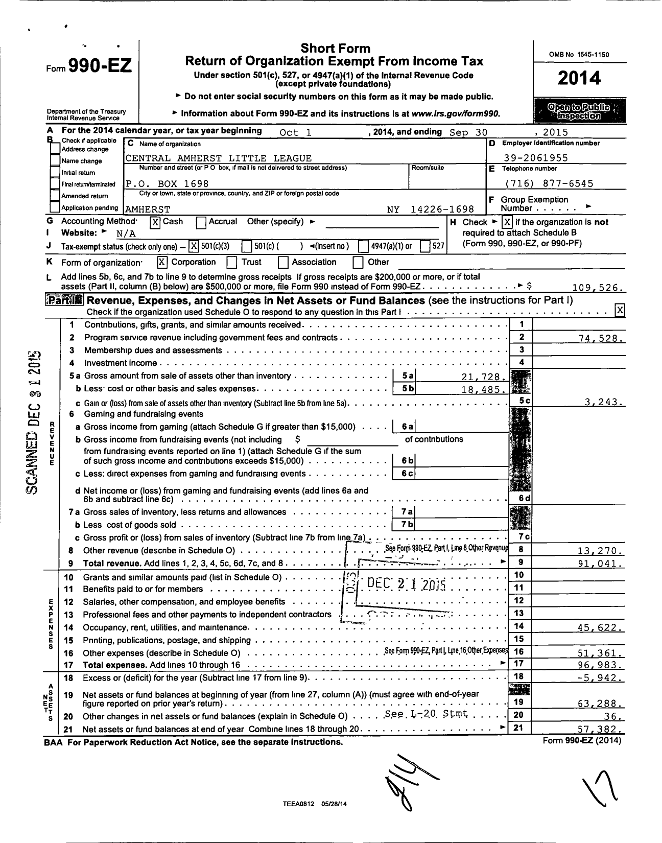 Image of first page of 2014 Form 990EZ for Little LEAGUE BASEBALL - Central Amherst LL 2320101