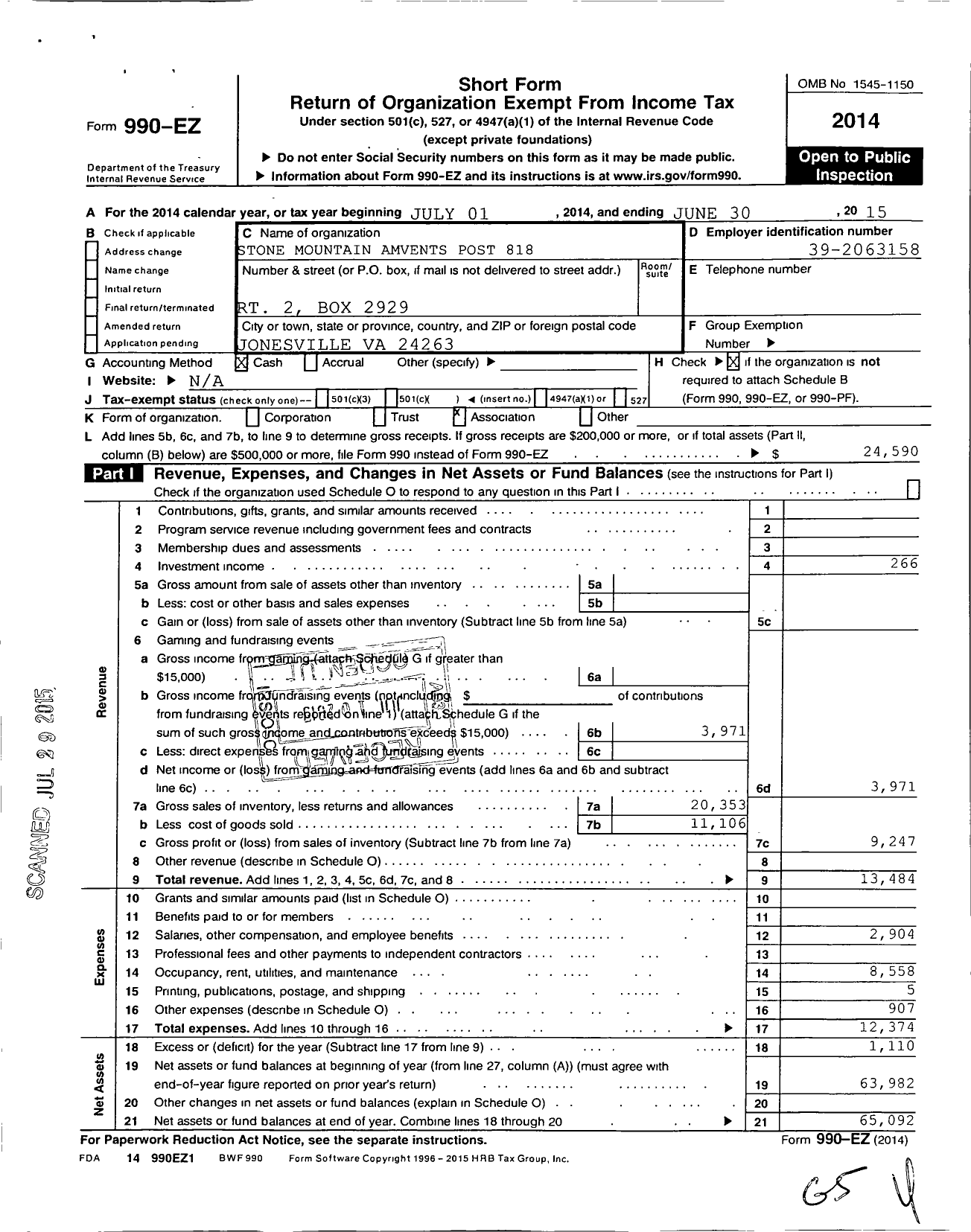 Image of first page of 2014 Form 990EO for Amvets - 818 Va Post