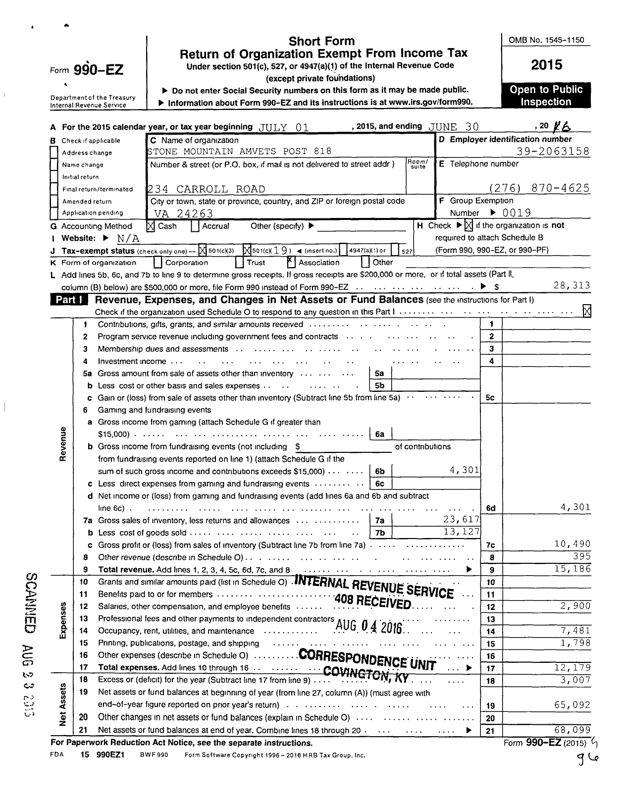 Image of first page of 2015 Form 990EO for Amvets - 818 Va Post
