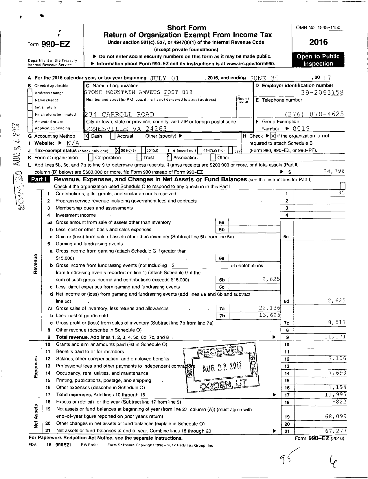 Image of first page of 2016 Form 990EZ for Amvets - 818 Va Post