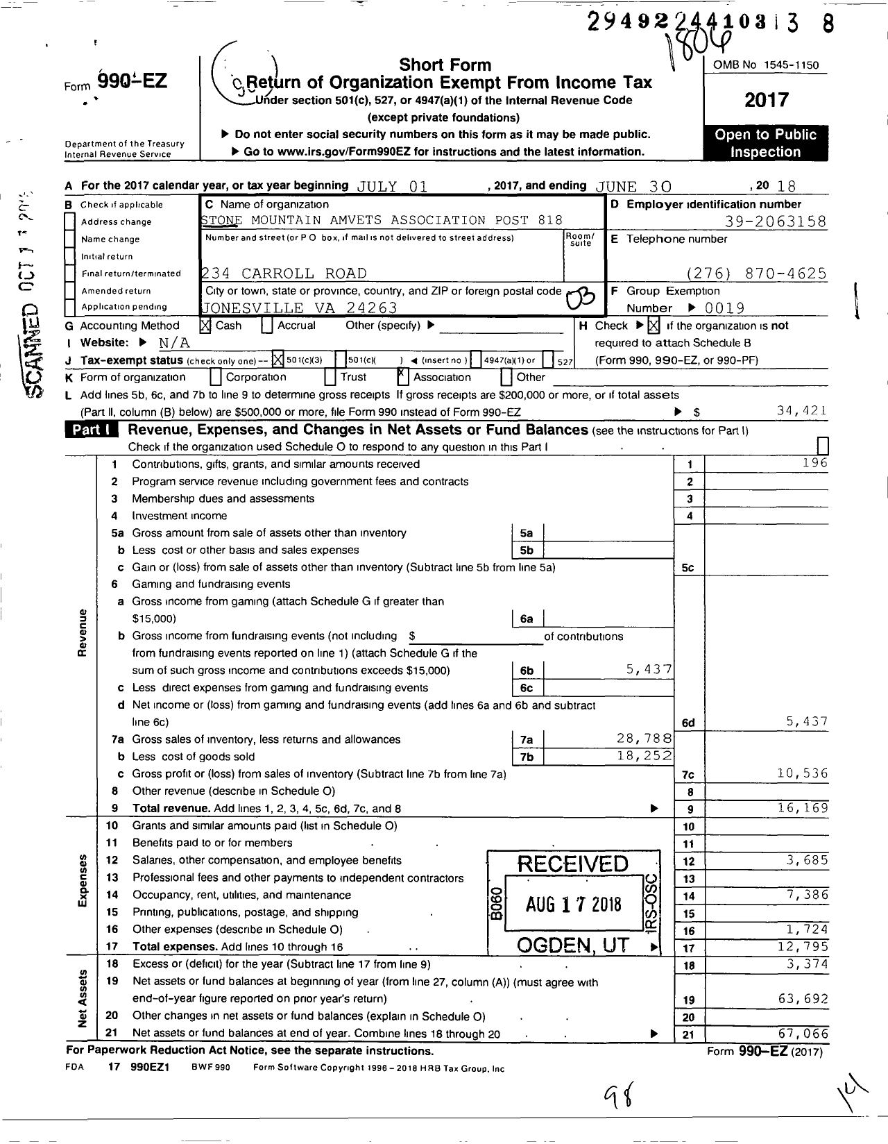 Image of first page of 2017 Form 990EZ for Amvets - 818 Va Post