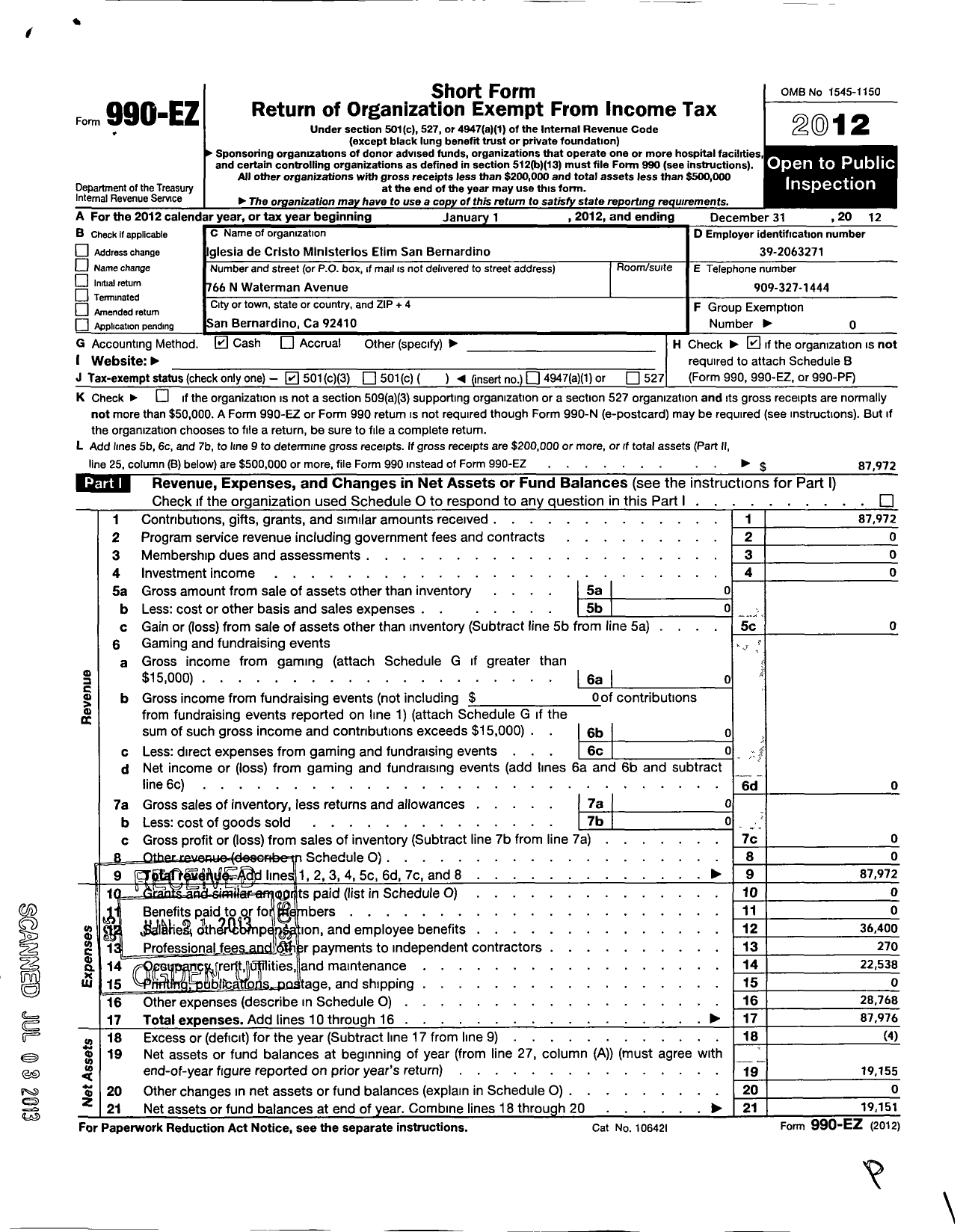 Image of first page of 2012 Form 990EZ for Iglesia de Cristo Ministerios Elim San Bernardino