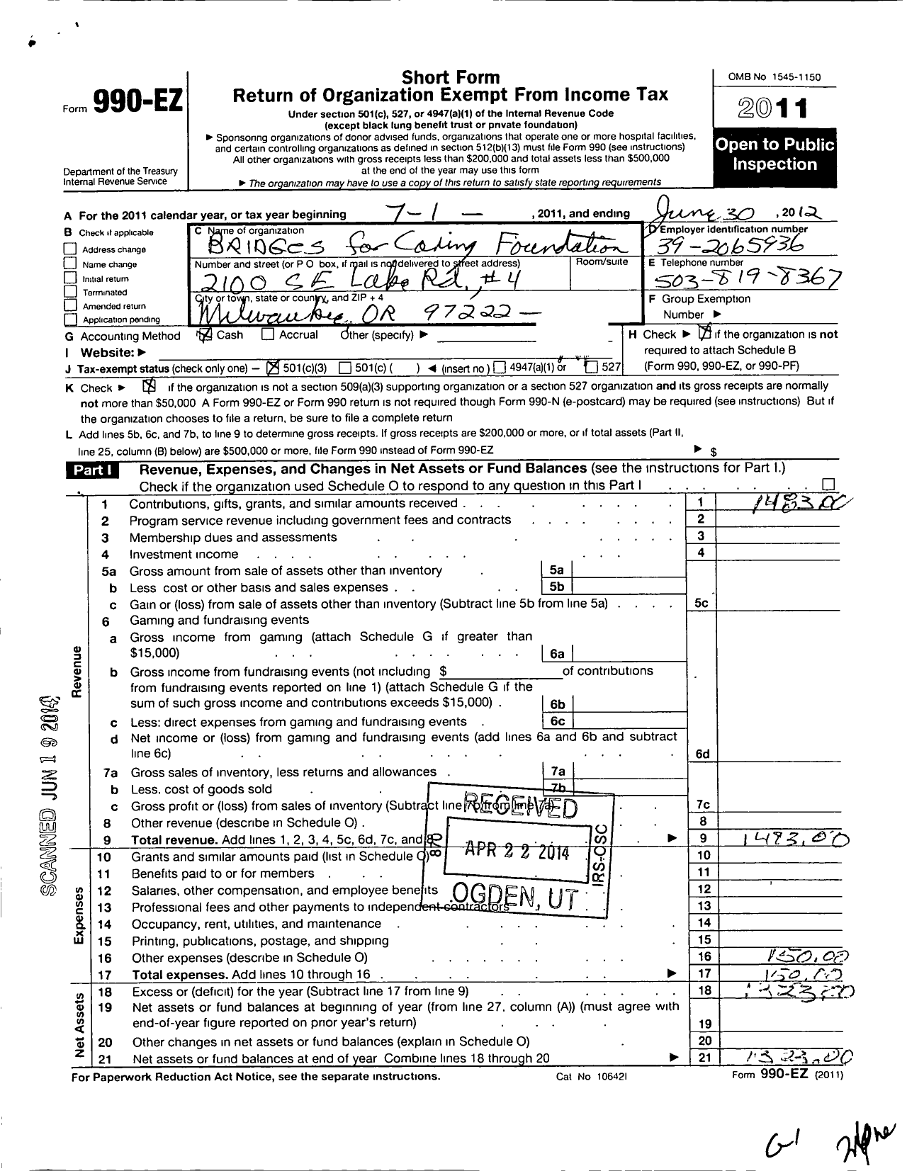 Image of first page of 2011 Form 990EZ for Bridges for Caring Foundation