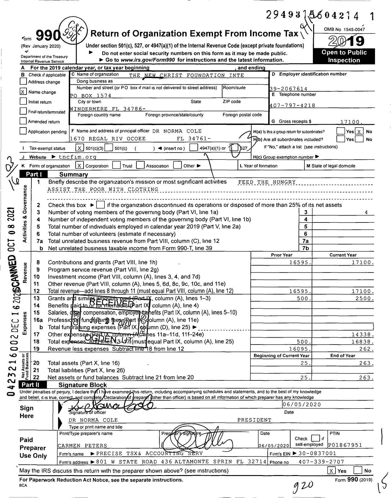 Image of first page of 2019 Form 990 for New Christ Foundation Internat