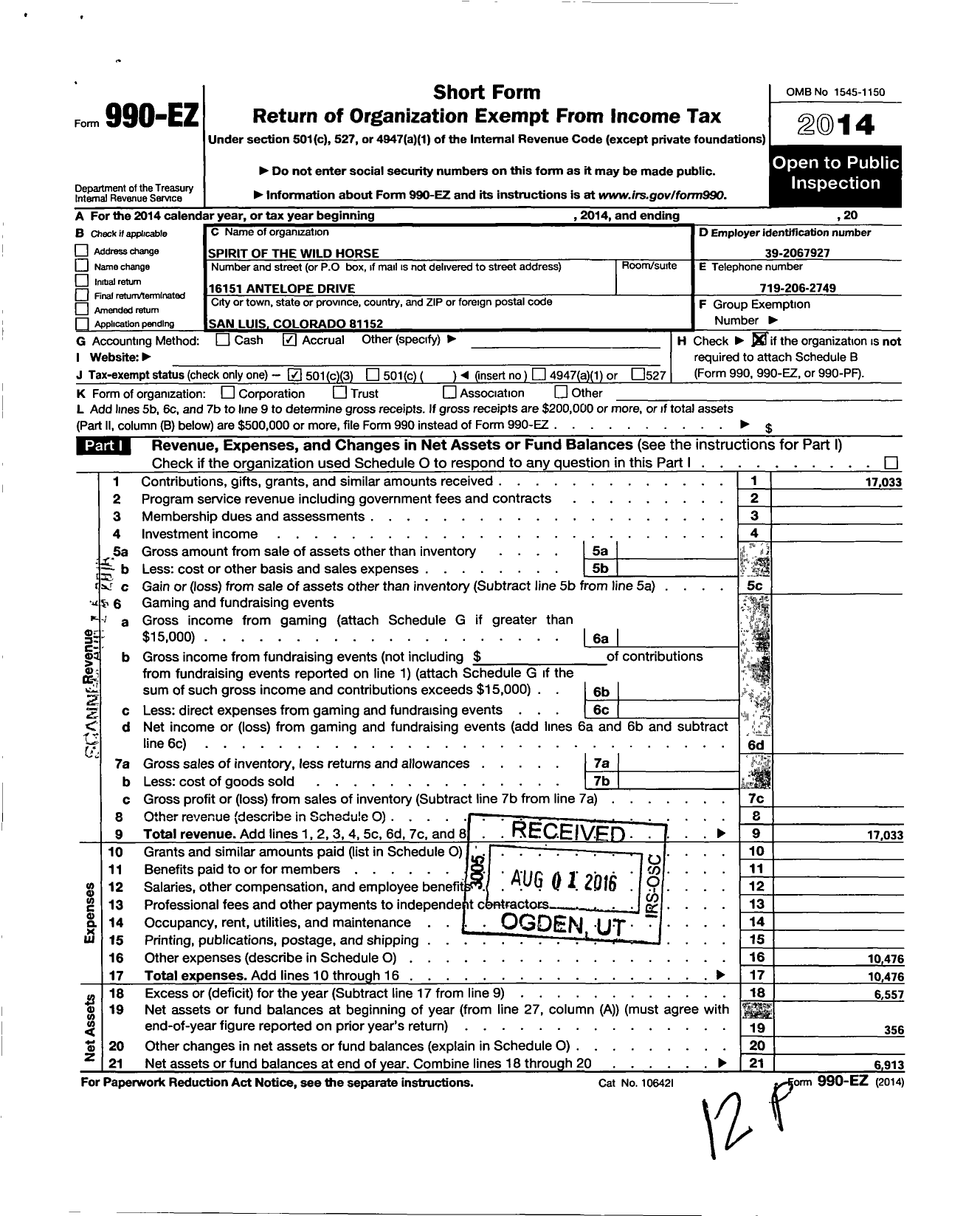 Image of first page of 2014 Form 990EZ for Spirit of the Wild Horse Foundation