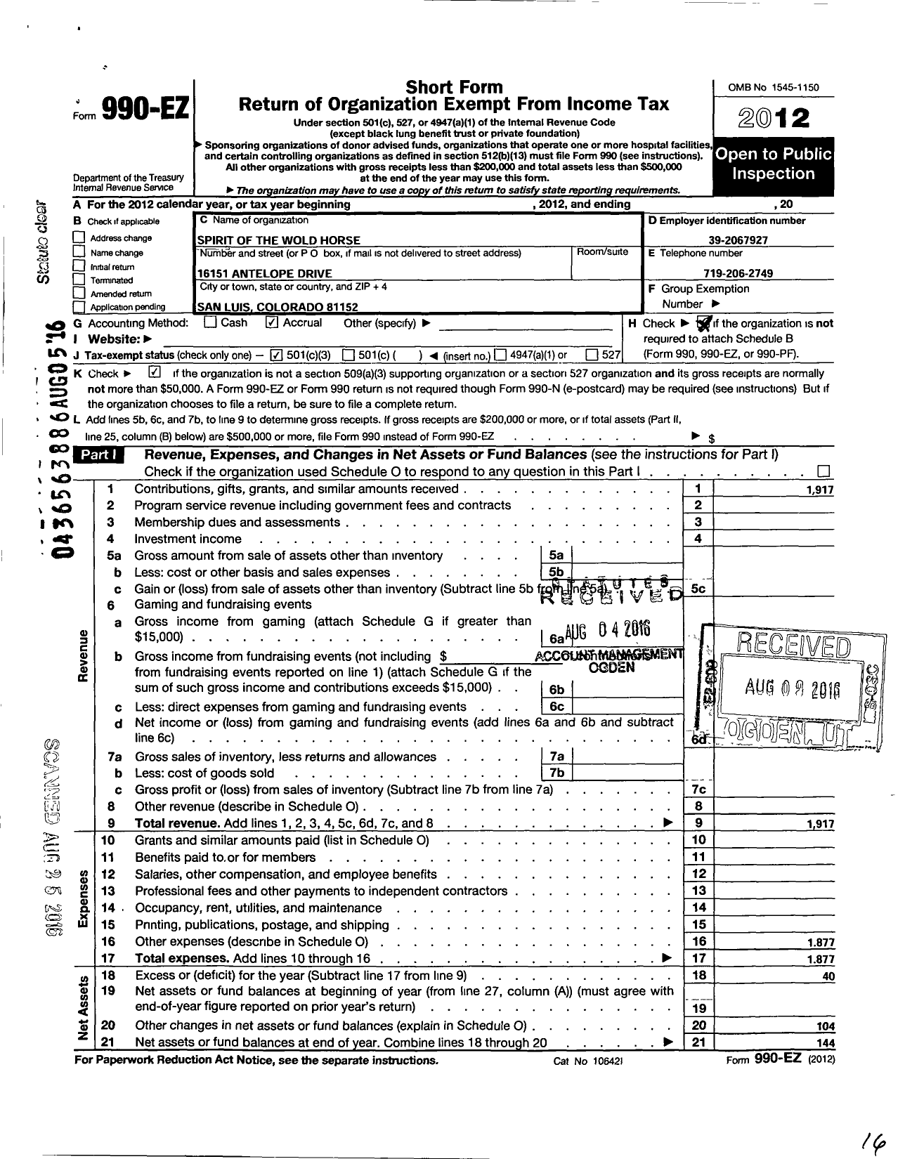 Image of first page of 2012 Form 990EZ for Spirit of the Wild Horse Foundation