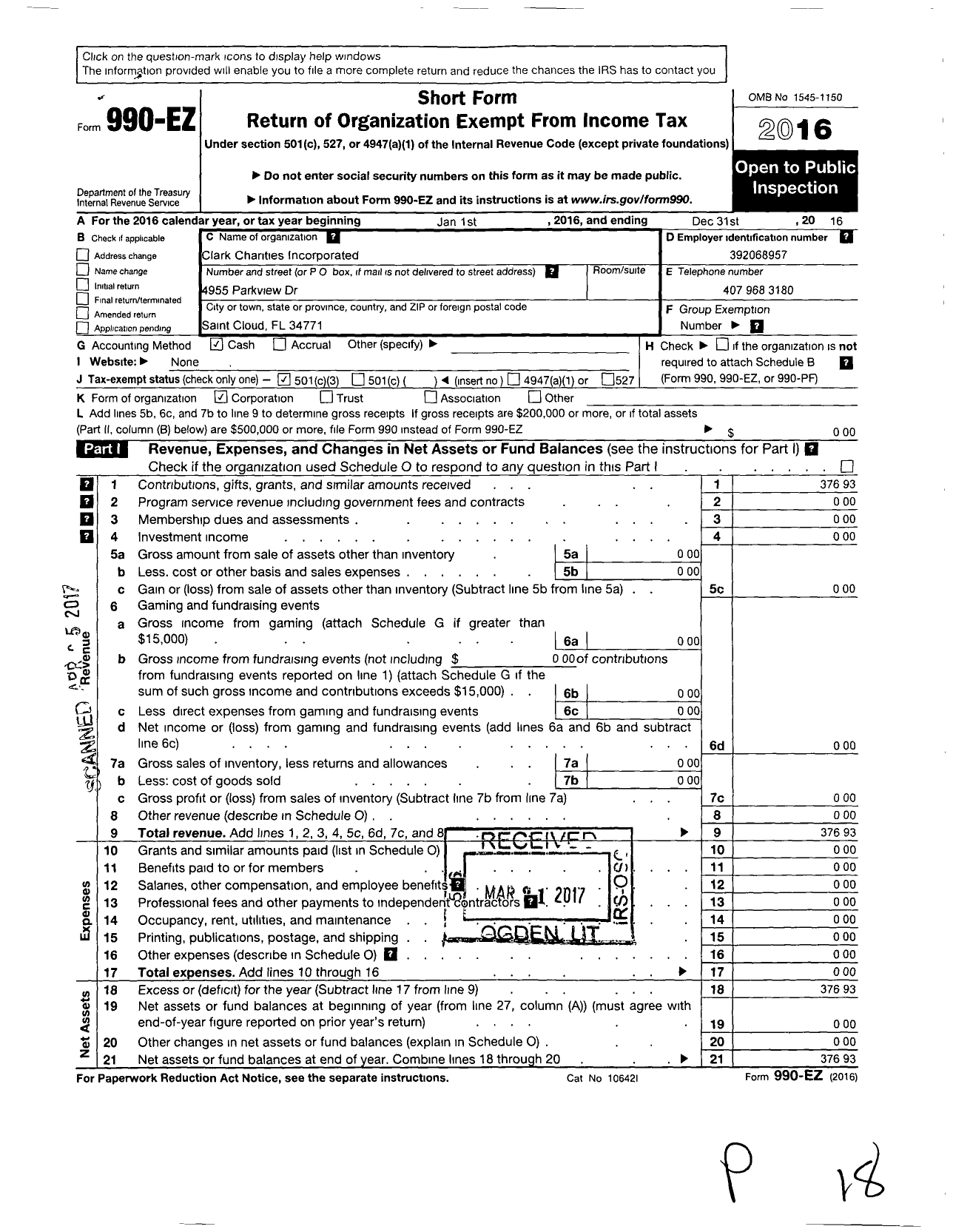 Image of first page of 2016 Form 990EZ for Clark Charities Incorporated