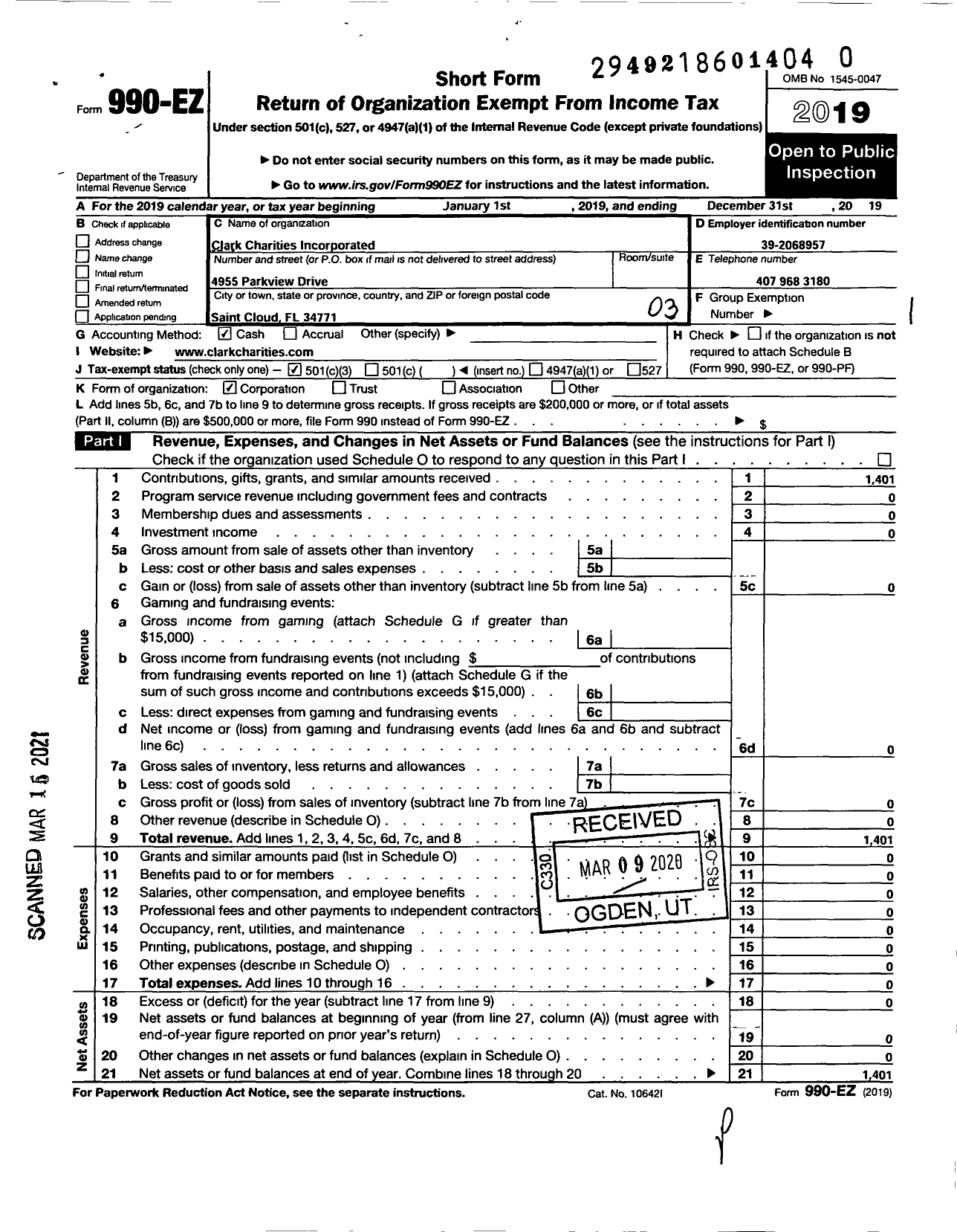 Image of first page of 2019 Form 990EZ for Clark Charities Incorporated