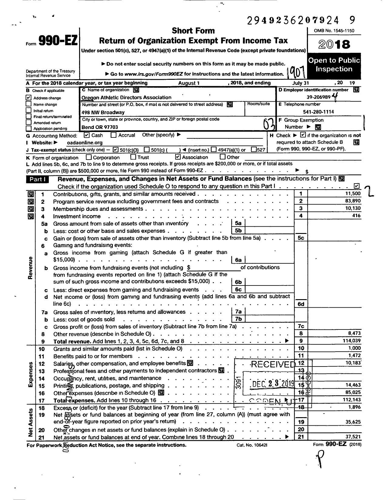 Image of first page of 2018 Form 990EZ for Oregon Athletic Directors Association