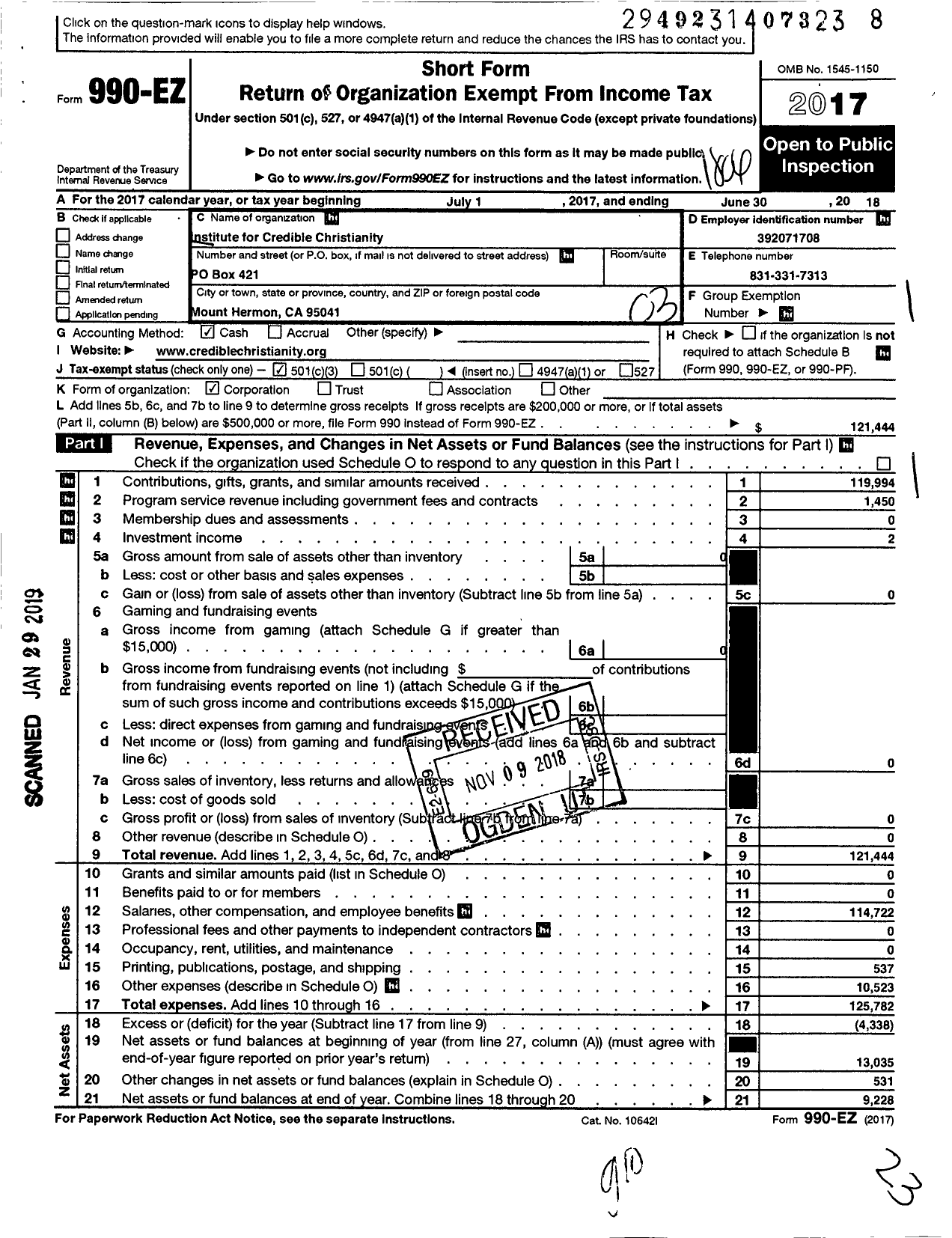 Image of first page of 2017 Form 990EZ for Institute for Credible Christianity