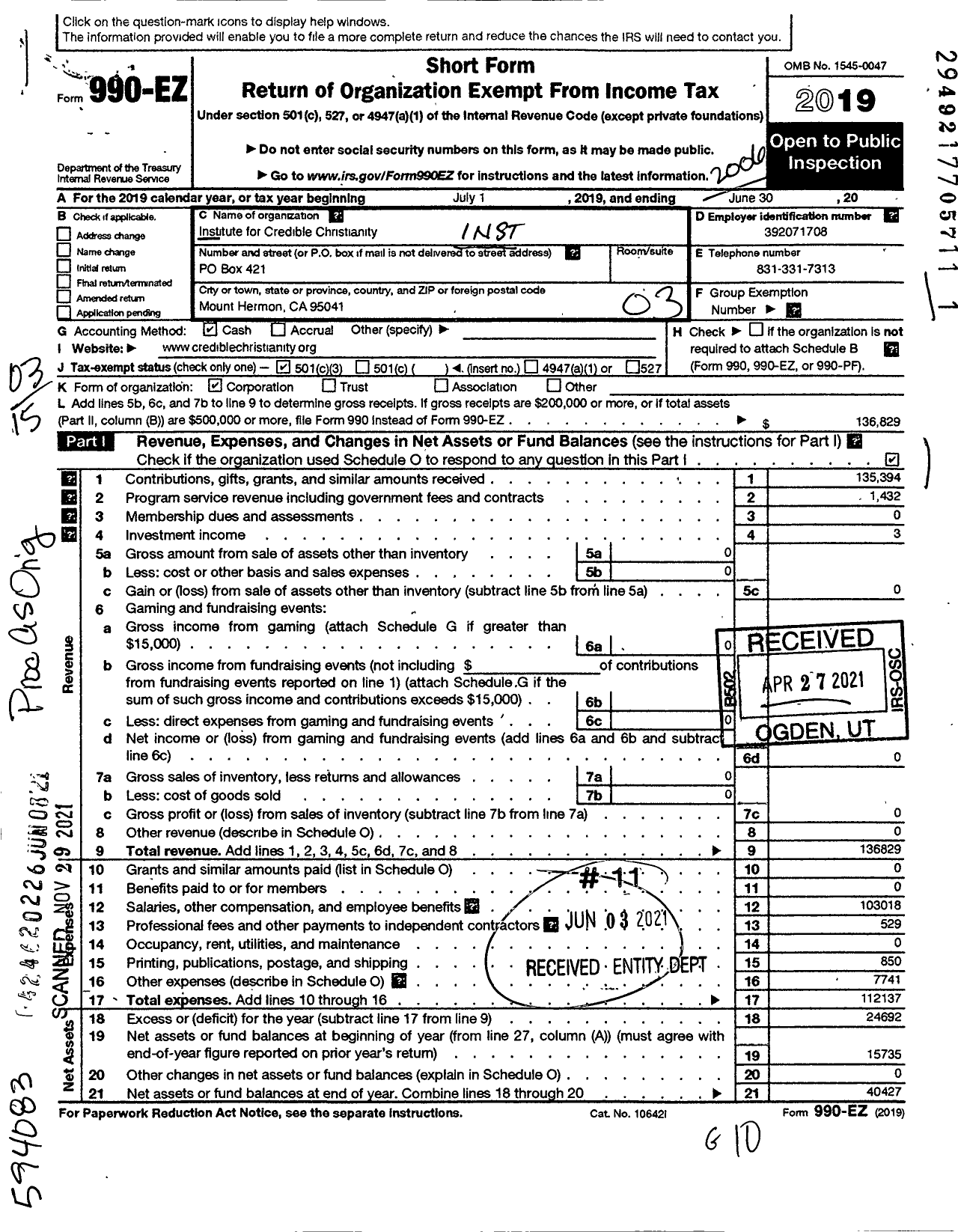 Image of first page of 2019 Form 990EZ for Institute for Credible Christianity