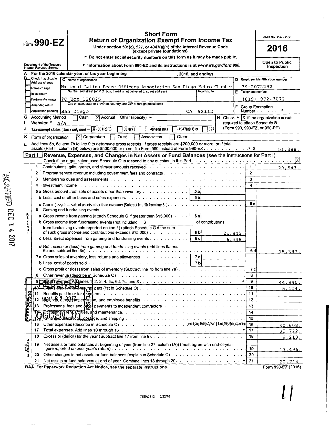 Image of first page of 2016 Form 990EZ for National Latino Peace Officers Association-San Diego Metro CHPTR