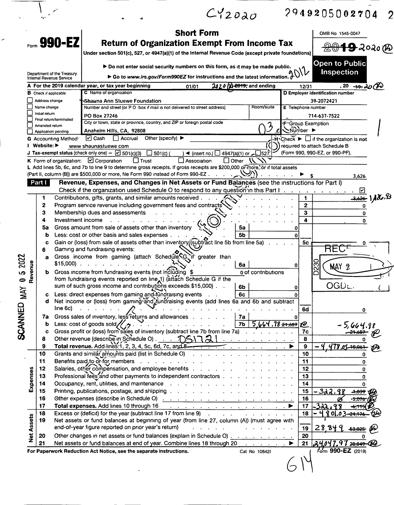 Image of first page of 2020 Form 990EZ for Shauna Ann Stuewe Foundation