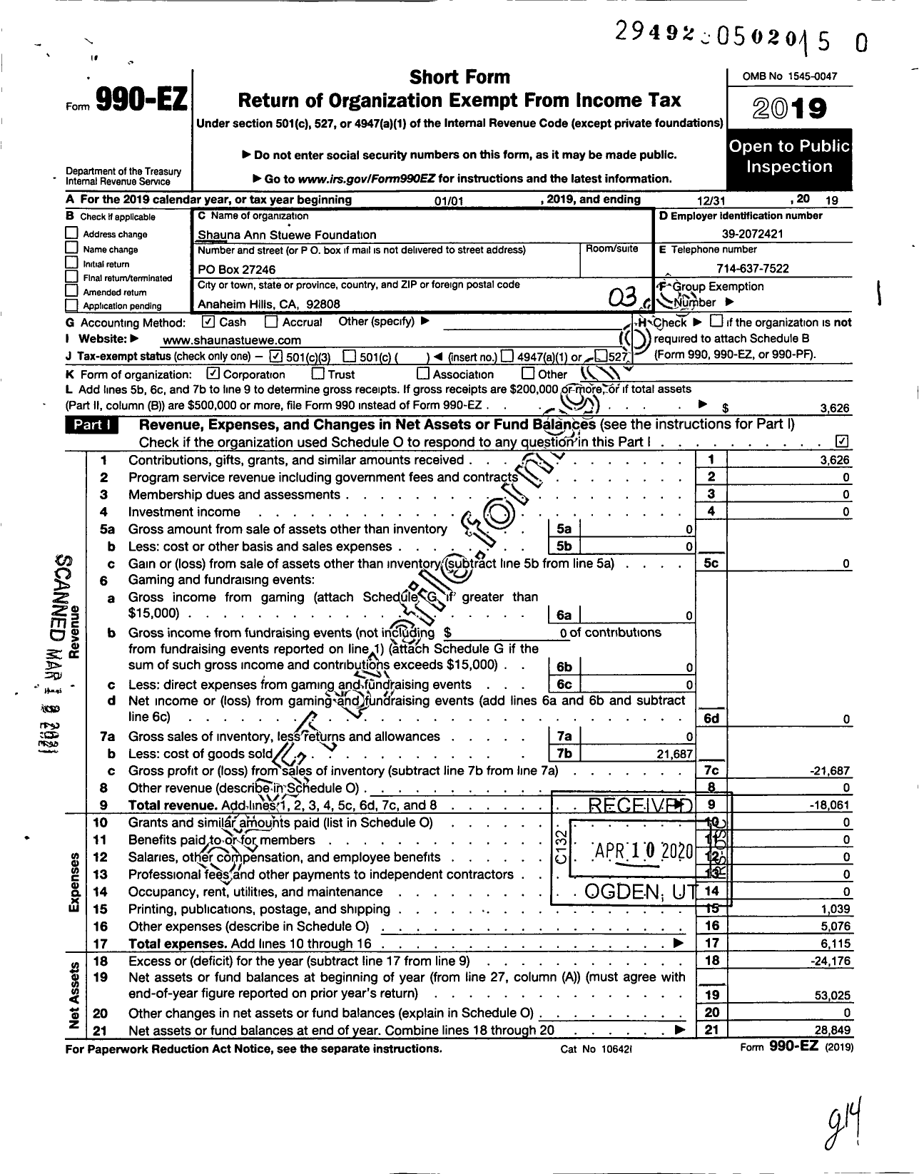 Image of first page of 2019 Form 990EZ for Shauna Ann Stuewe Foundation