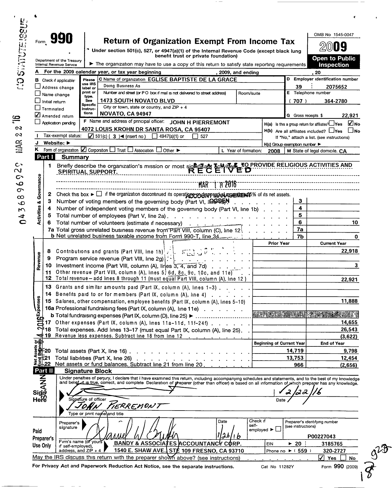 Image of first page of 2009 Form 990 for Eglise Baptiste de La Grace