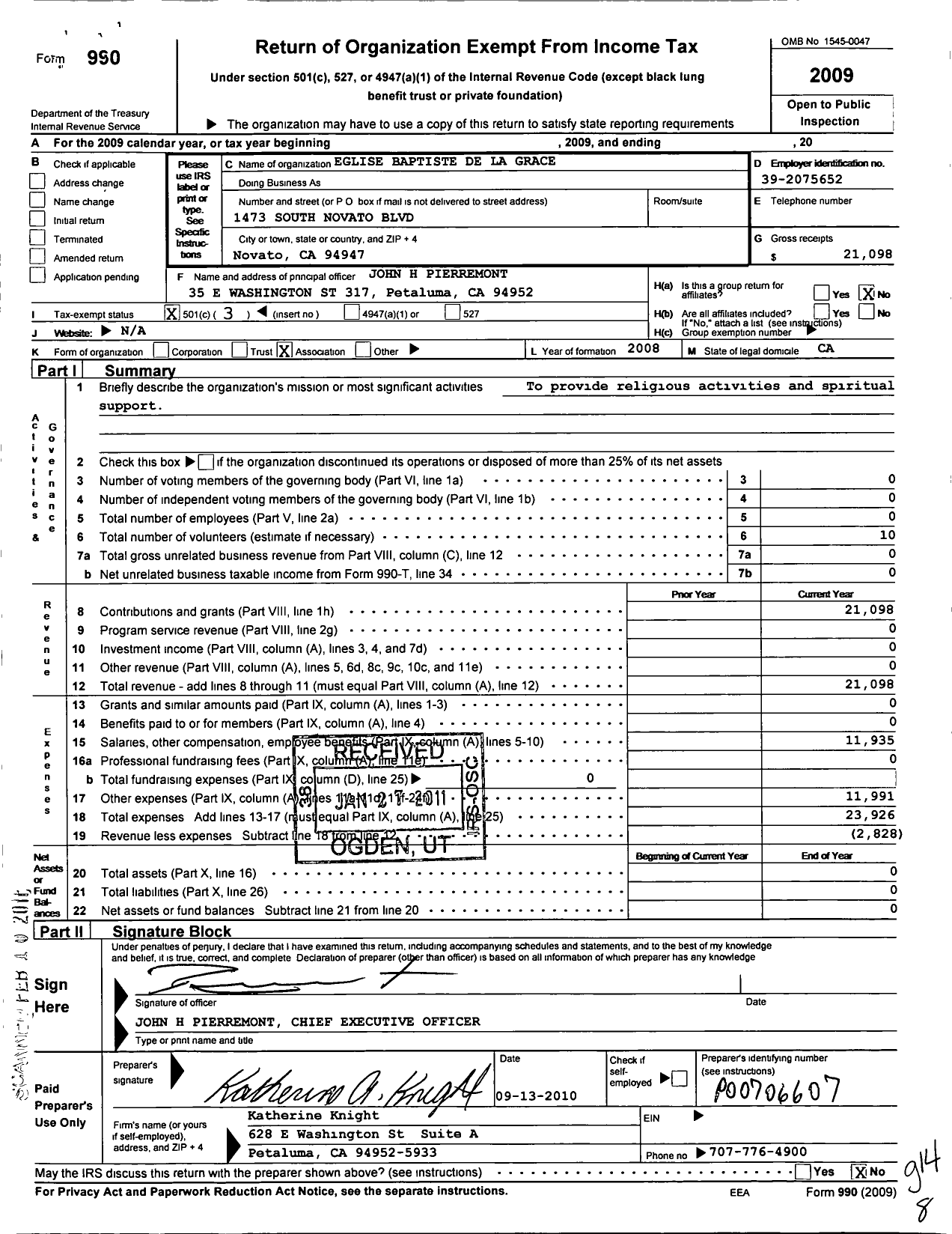 Image of first page of 2009 Form 990 for Eglise Baptiste de La Grace