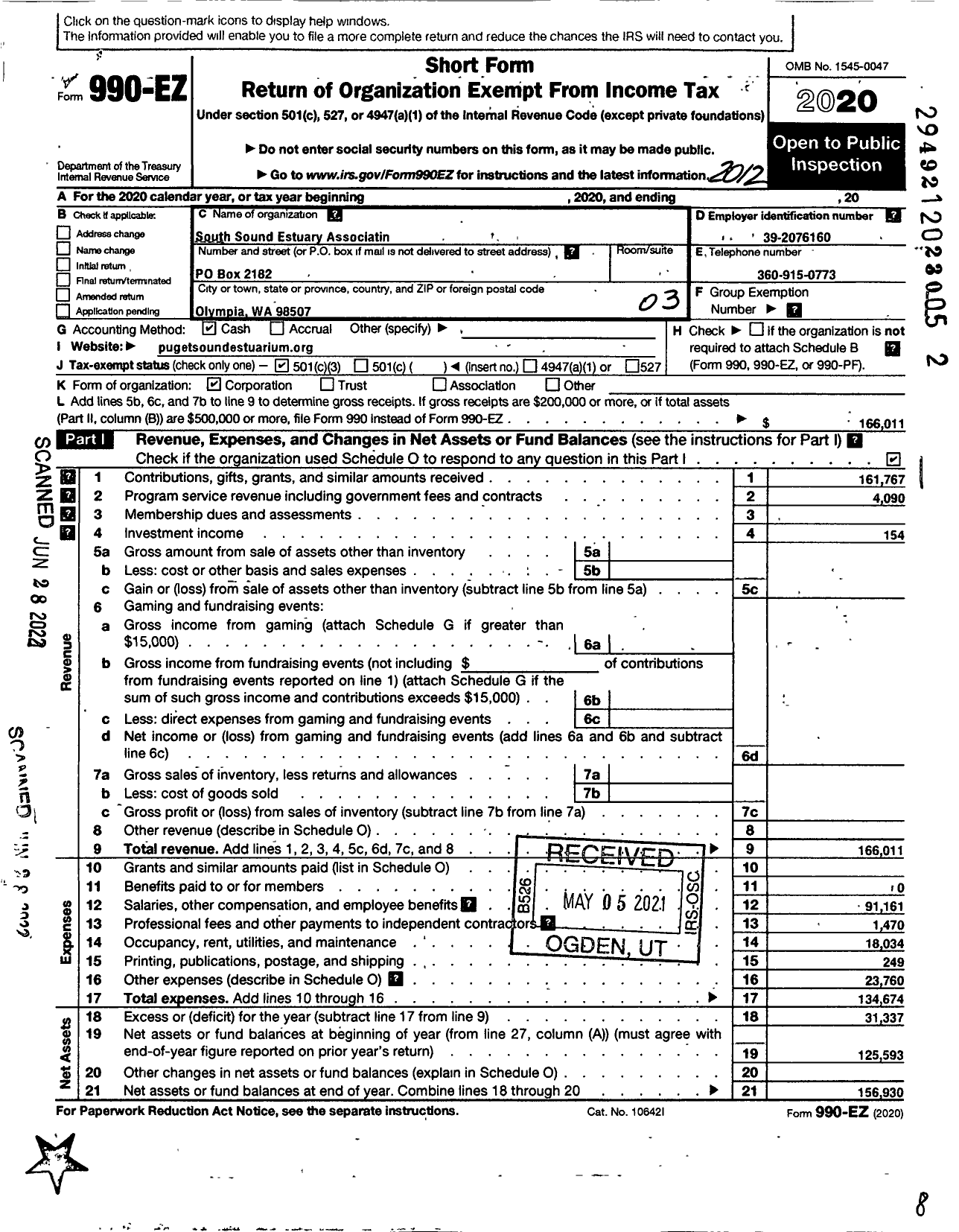 Image of first page of 2020 Form 990EZ for Puget Sound Estuarium