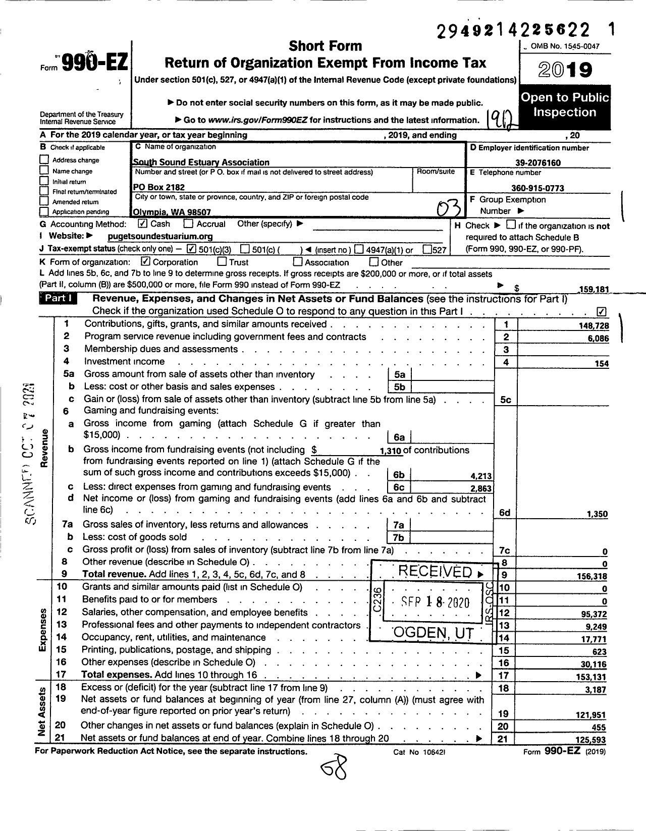 Image of first page of 2019 Form 990EZ for Puget Sound Estuarium