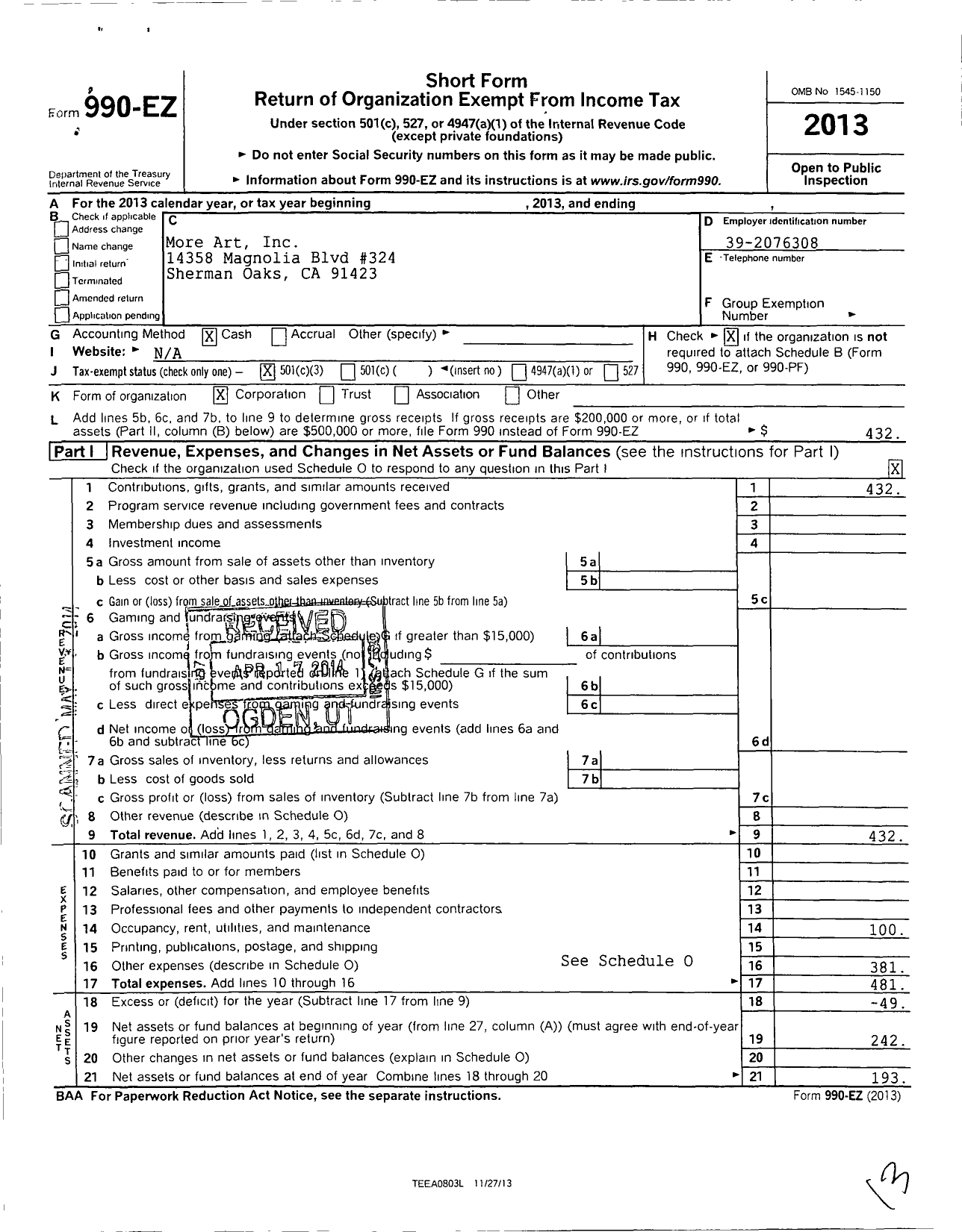 Image of first page of 2013 Form 990EZ for More Art