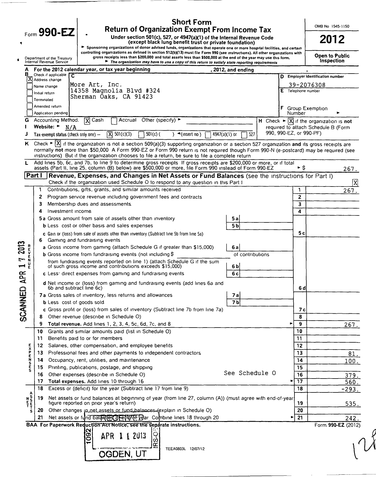 Image of first page of 2012 Form 990EZ for More Art