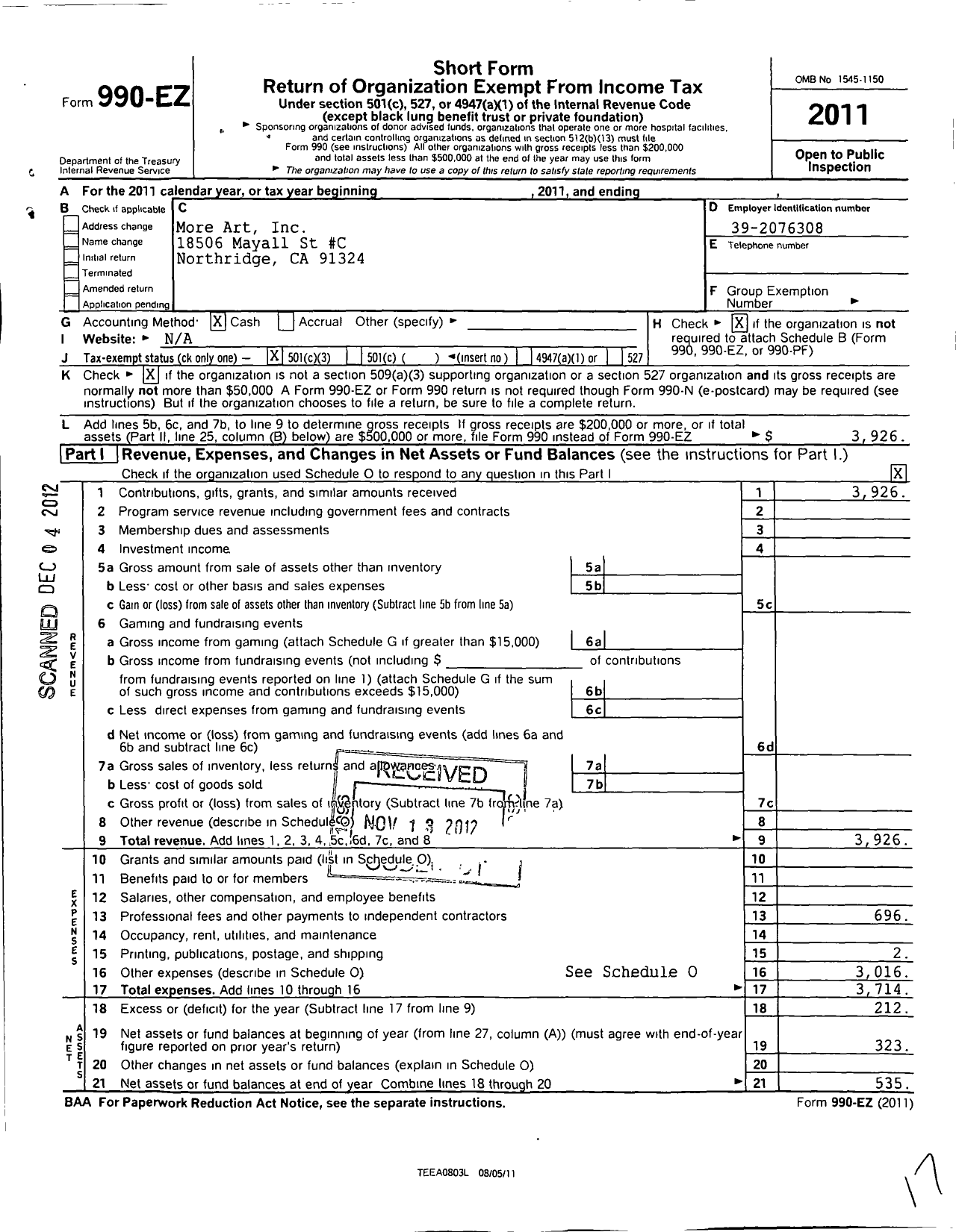 Image of first page of 2011 Form 990EZ for More Art