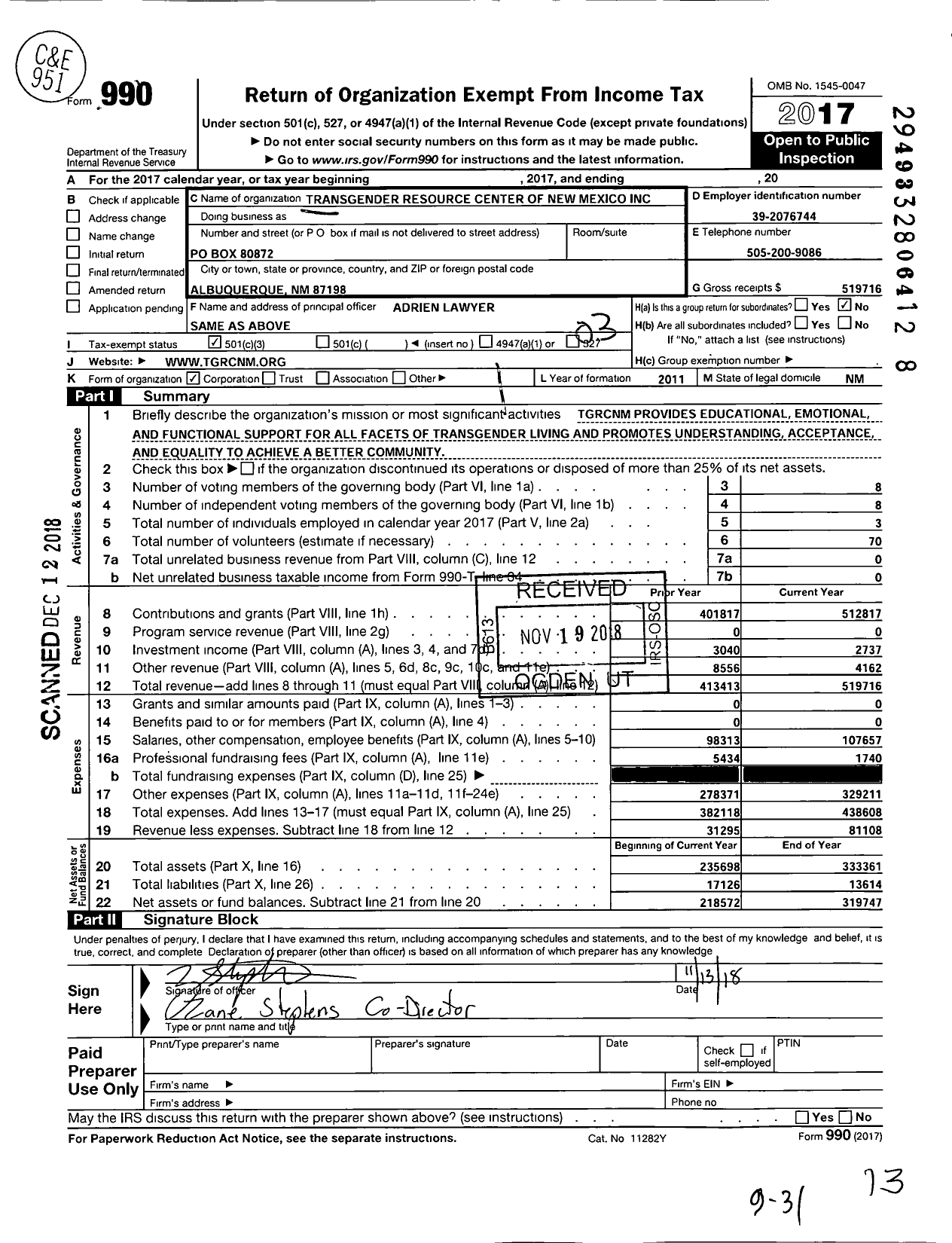 Image of first page of 2017 Form 990 for The Transgender Resource Center of New Mexico