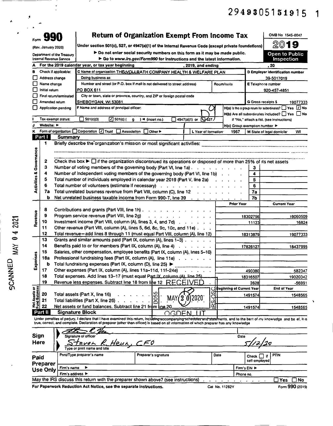 Image of first page of 2019 Form 990O for Vollrath Company Employee Health and Welfare Benefit Trust