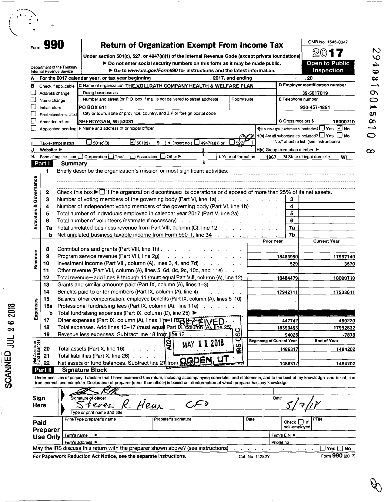 Image of first page of 2017 Form 990O for Vollrath Company Employee Health and Welfare Benefit Trust