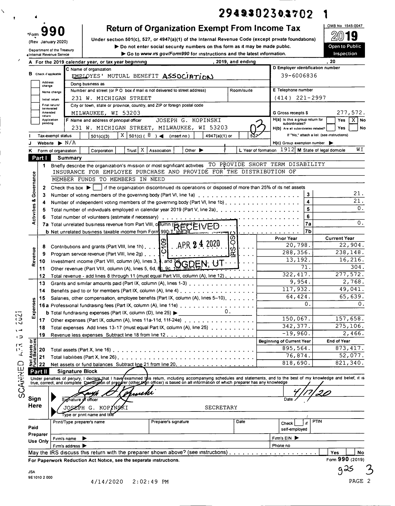 Image of first page of 2019 Form 990 for Employes' Mutual Benefit Association