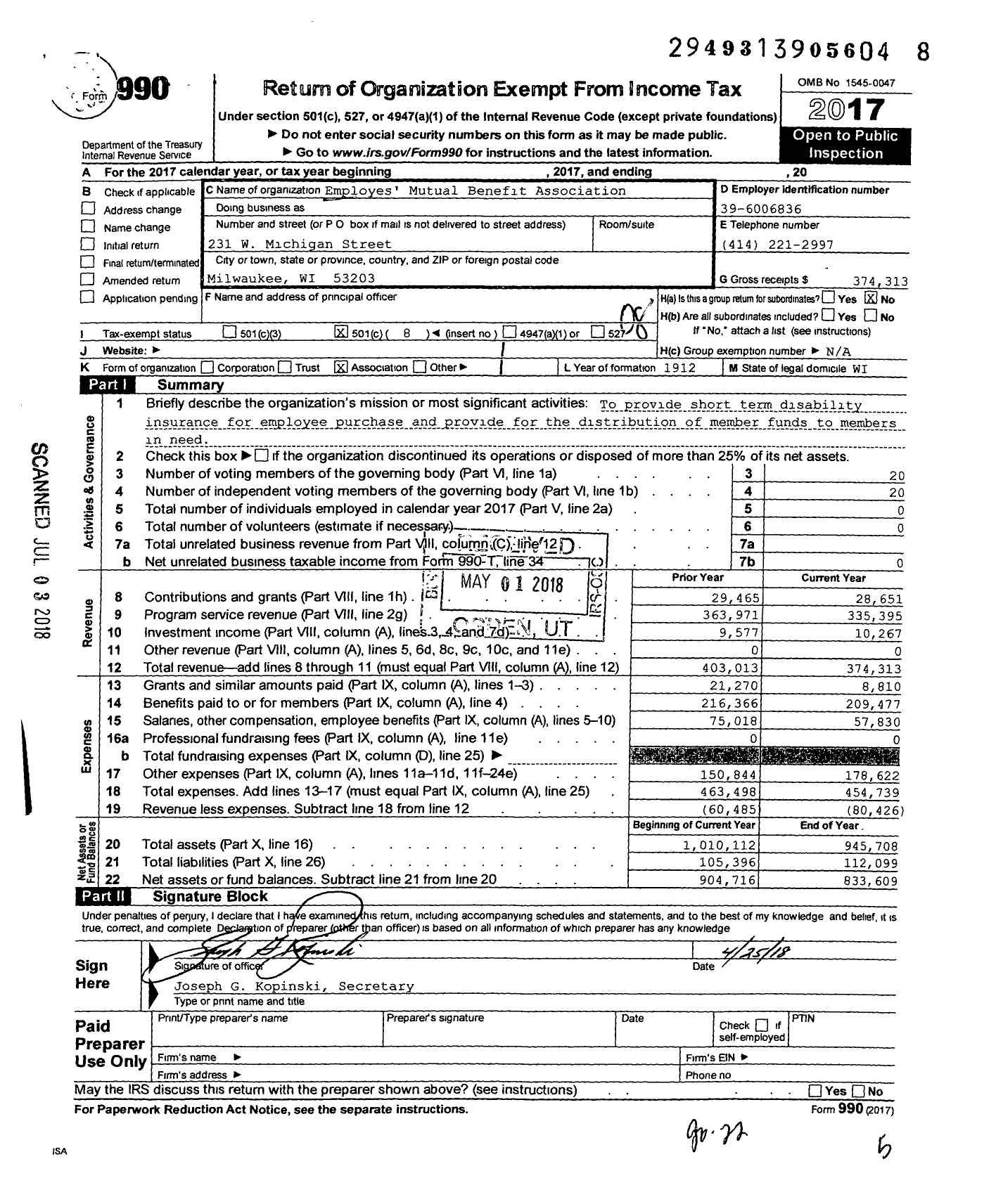 Image of first page of 2017 Form 990O for Employes' Mutual Benefit Association