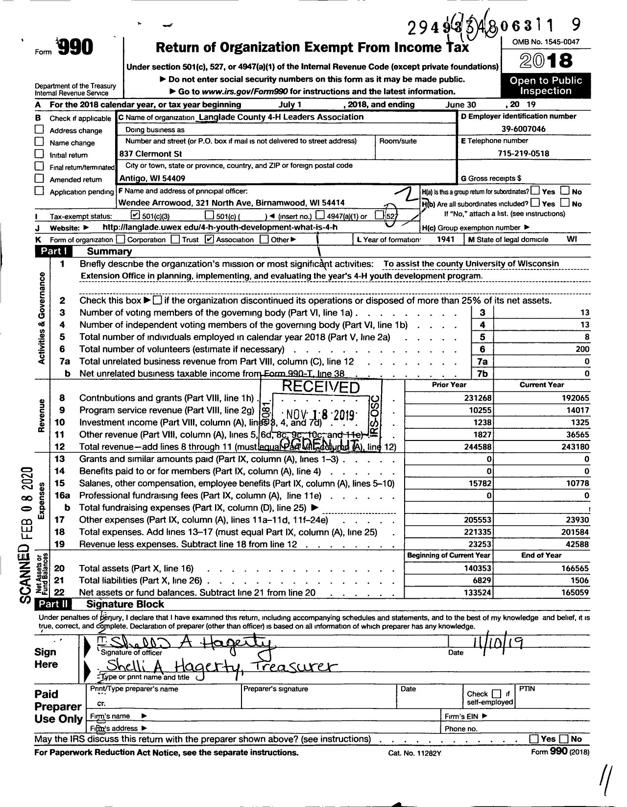 Image of first page of 2018 Form 990 for Langlade County 4-H Leaders Association