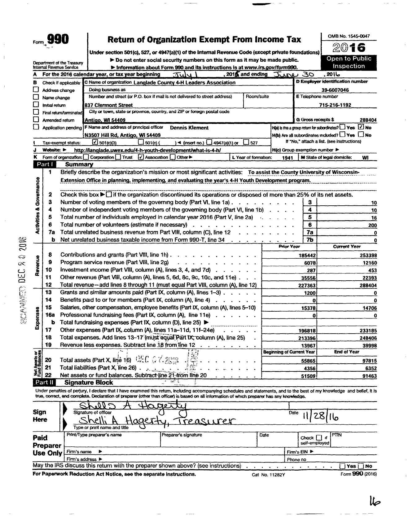 Image of first page of 2015 Form 990 for Langlade County 4-H Leaders Association