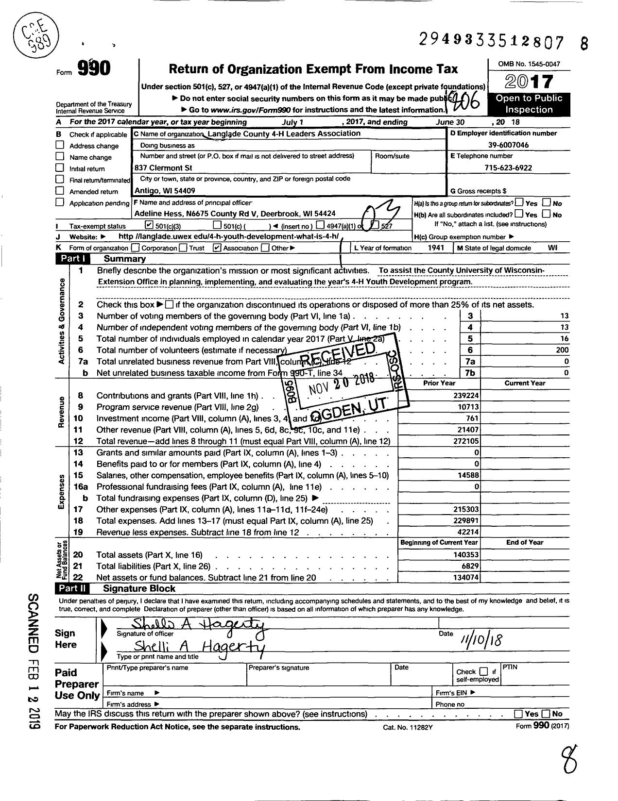 Image of first page of 2017 Form 990 for Langlade County 4-H Leaders Association